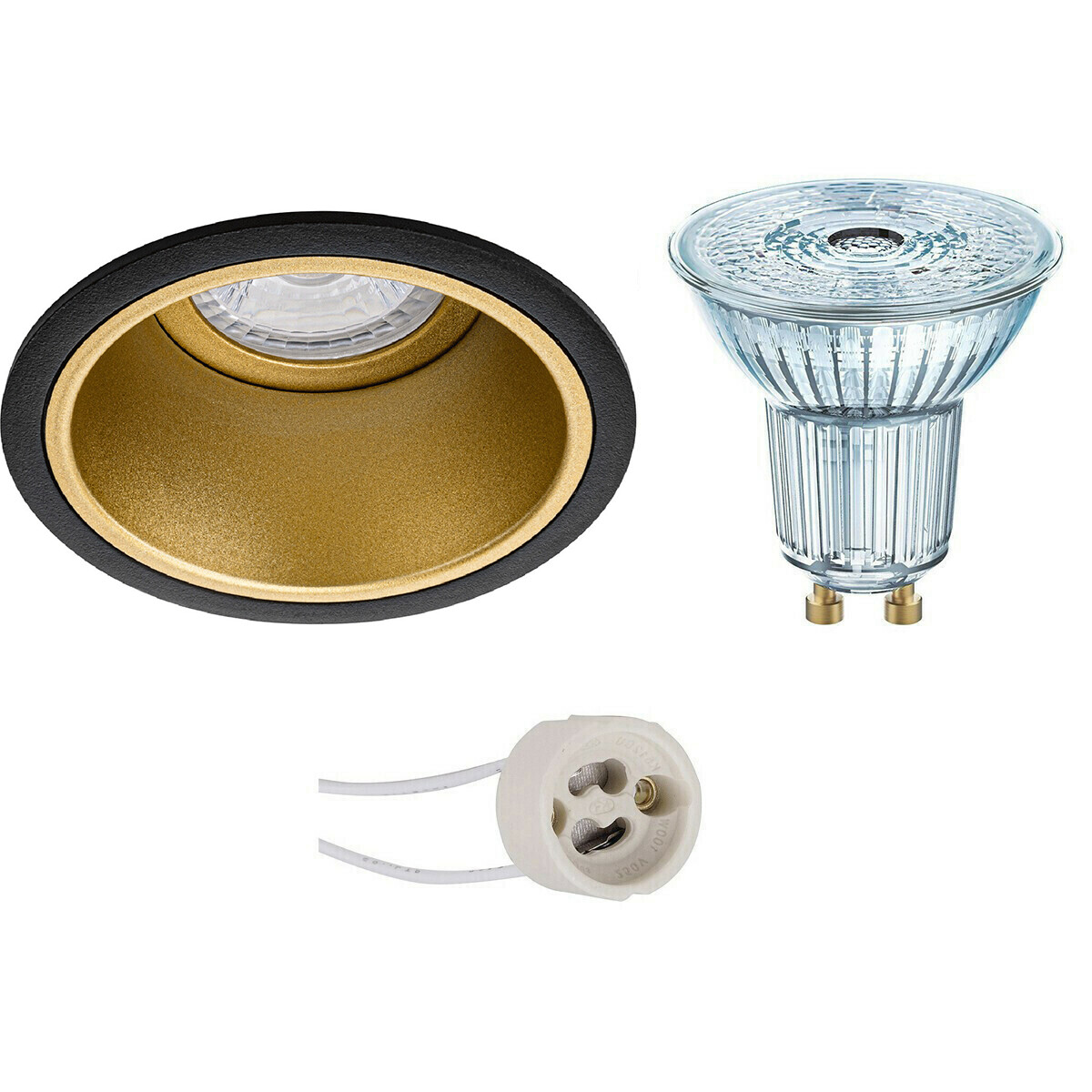 Set de spots LED - LEDVANCE Parathom PAR16 927 36D - Pragmi Minko Pro - Douille GU10 - Dimmable - Rond Encastré - Mat Noir/Or - 4.5W - Blanc Chaud 2700K - Encastré - Ø90mm