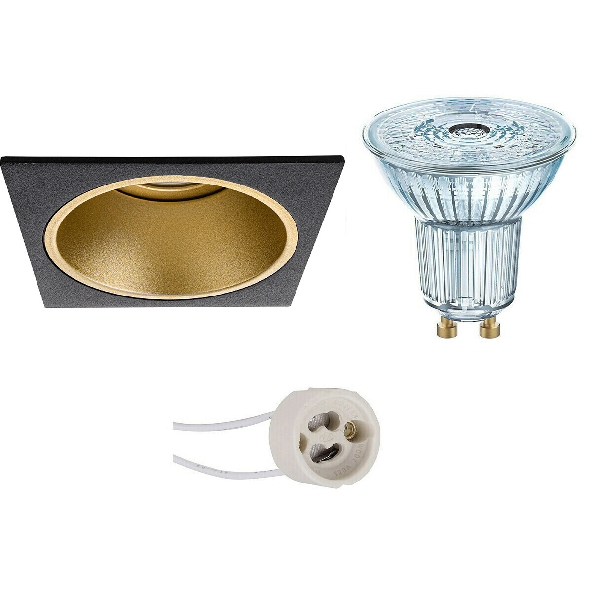 Set de spots LED - LEDVANCE Parathom PAR16 927 36D - Pragmi Minko Pro - Douille GU10 - Dimmable - Carré Encastré - Mat Noir/Or - 3.4W - Blanc Chaud 2700K - Encastré - 90mm