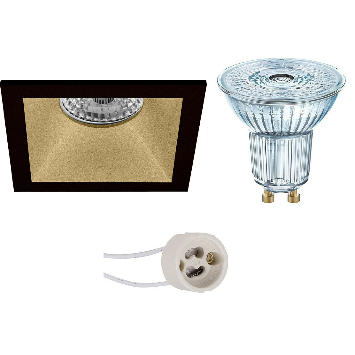 Set de spots LED - LEDVANCE Parathom PAR16 927 36D - Pragmi Pollon Pro - Douille GU10 - Dimmable - Carré Encastré - Mat Noir/Or - 3.4W - Blanc Chaud 2700K - Encastré - 82mm