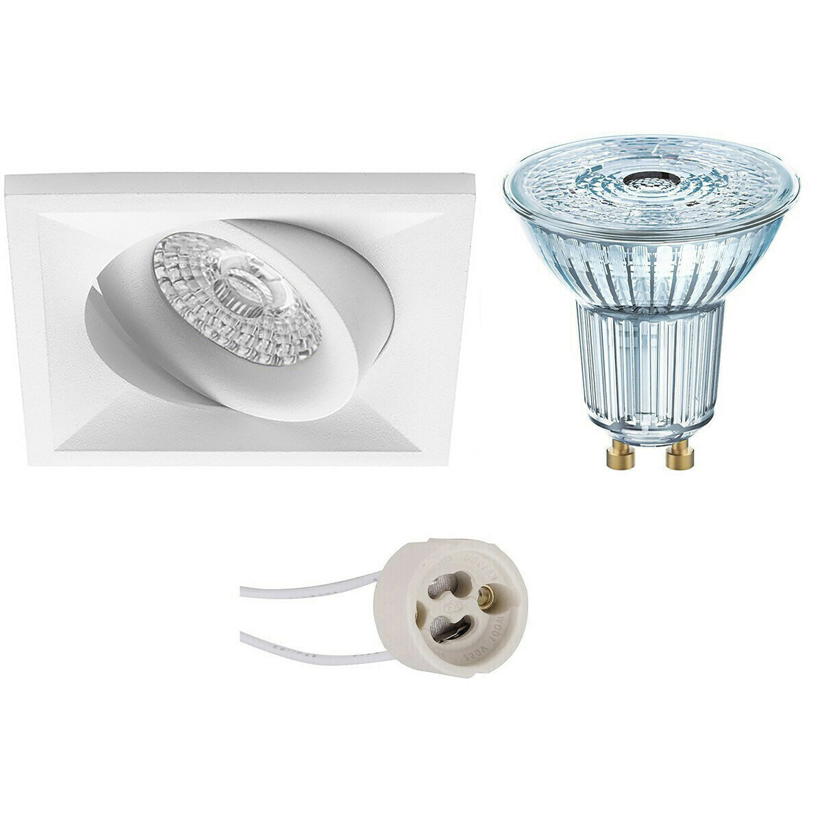 Set de spots LED - LEDVANCE Parathom PAR16 940 36D - Pragmi Qiundo Pro - Douille GU10 - Dimmable - Carré Encastré - Mat Blanc - 3.4W - Blanc Neutre 4000K - Inclinable - 80mm