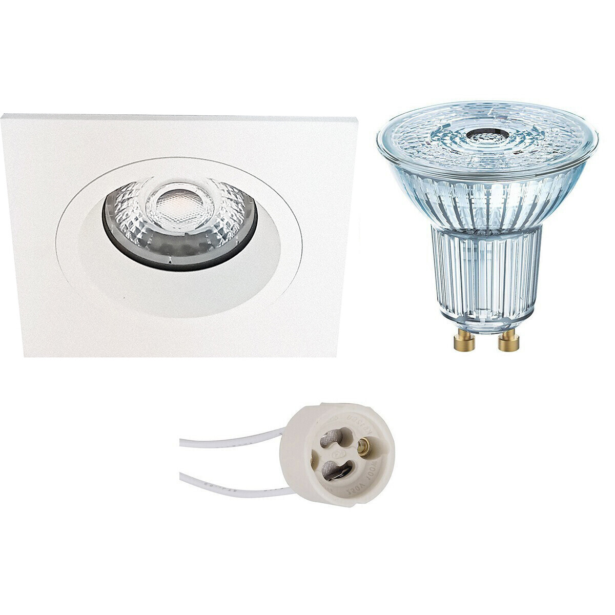 Set de spots LED - LEDVANCE Parathom PAR16 927 36D - Pragmi Rodos Pro - Douille GU10 - Dimmable - Carré Encastré - Mat Blanc - 3.4W - Blanc Chaud 2700K - 93mm