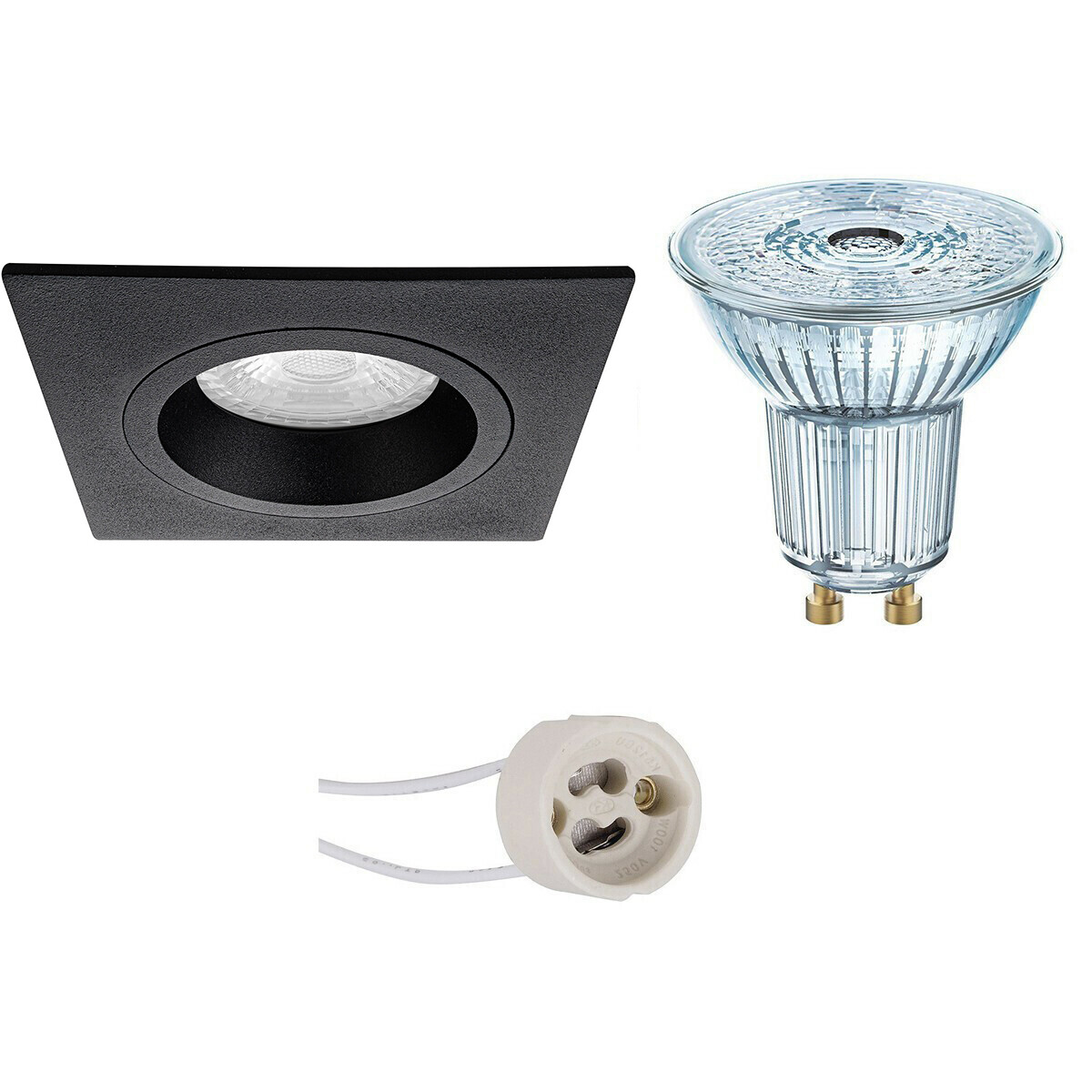 Set de spots LED - LEDVANCE Parathom PAR16 930 36D - Pragmi Rodos Pro - Douille GU10 - Dimmable - Carré Encastré - Mat Noir - 3.4W - Blanc Chaud 3000K - 93mm