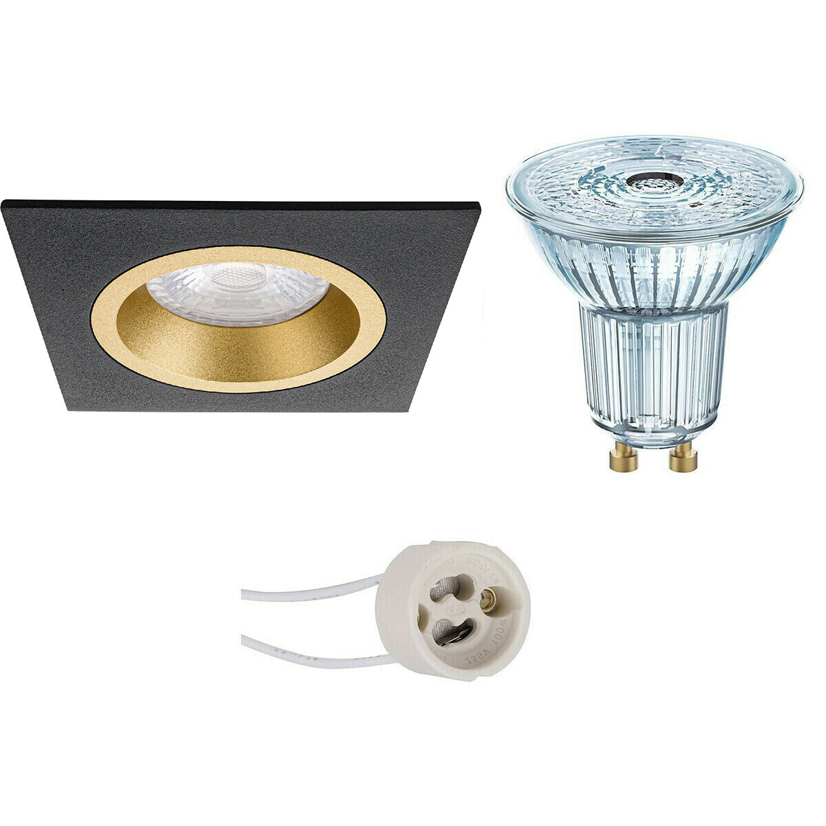 Set de spots LED - LEDVANCE Parathom PAR16 927 36D - Pragmi Rodos Pro - Douille GU10 - Dimmable - Carré Encastré - Mat Noir/Or - 3.4W - Blanc Chaud 2700K - 93mm