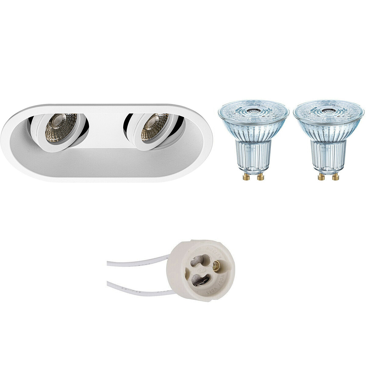 Set de spots LED - LEDVANCE Parathom PAR16 927 36D - Pragmi Zano Pro - Douille GU10 - Dimmable - Double Ovale Encastré - Mat Blanc - 3.4W - Blanc Chaud 2700K - Inclinable - 185x93mm