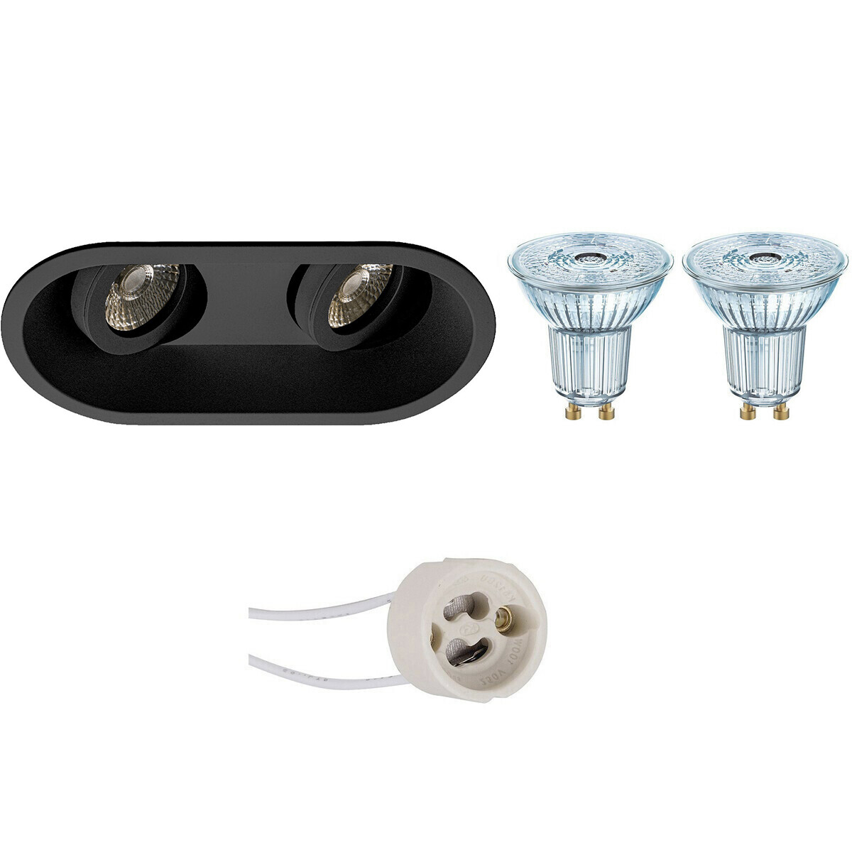 Set de spots LED - LEDVANCE Parathom PAR16 930 36D - Pragmi Zano Pro - Douille GU10 - Dimmable - Double Ovale Encastré - Mat Noir - 3.4W - Blanc Chaud 3000K - Inclinable - 185x93mm