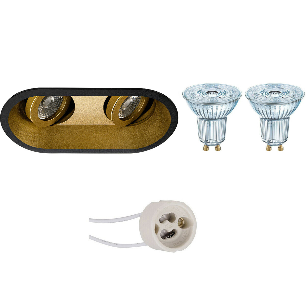 Set de spots LED - LEDVANCE Parathom PAR16 940 36D - Pragmi Zano Pro - Douille GU10 - Dimmable - Double Ovale Encastré - Mat Noir/Or - 4.5W - Blanc Neutre 4000K - Inclinable - 185x93mm