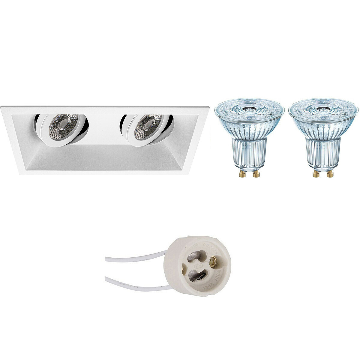 Set de spots LED - LEDVANCE Parathom PAR16 930 36D - Pragmi Zano Pro - Douille GU10 - Dimmable - Double Rectangulaire Encastré - Mat Blanc - 3.4W - Blanc Chaud 3000K - Inclinable - 185x93mm