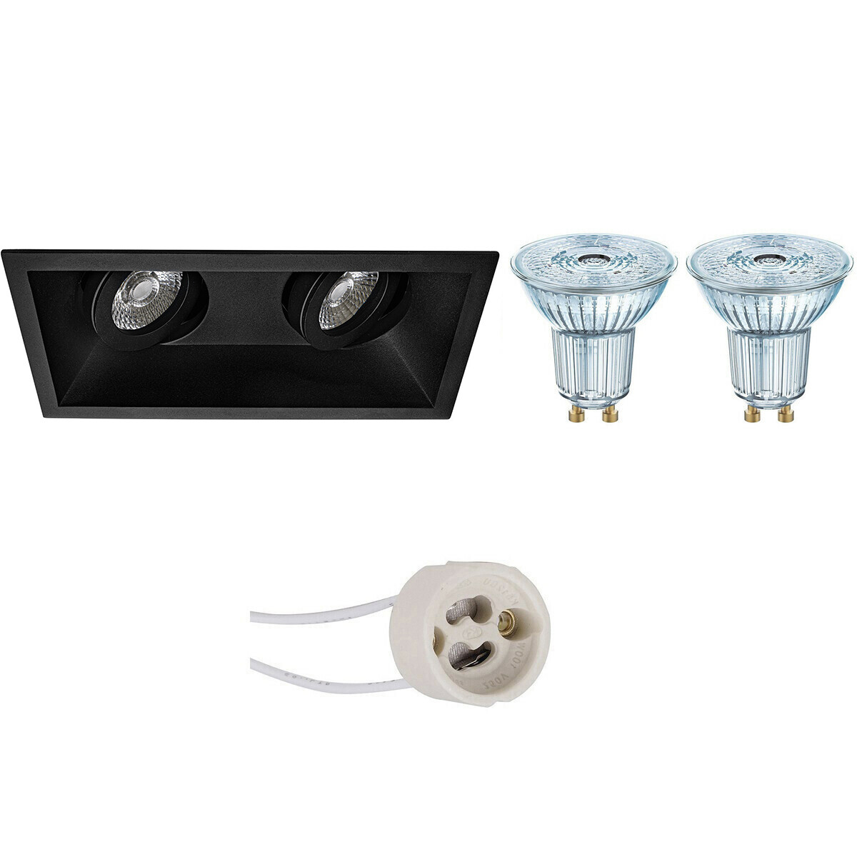 Set de spots LED - LEDVANCE Parathom PAR16 927 36D - Pragmi Zano Pro - Douille GU10 - Dimmable - Double Rectangulaire Encastré - Mat Noir - 3.4W - Blanc Chaud 2700K - Inclinable - 185x93mm