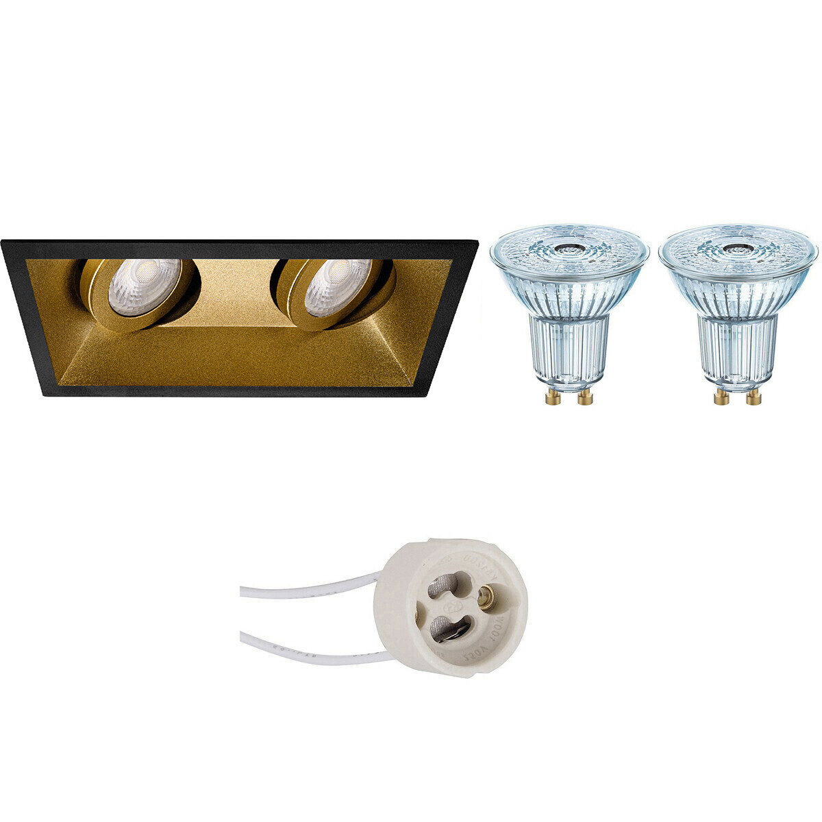 Set de spots LED - LEDVANCE Parathom PAR16 940 36D - Pragmi Zano Pro - Douille GU10 - Dimmable - Double Rectangulaire Encastré - Mat Noir/Or - 4.5W - Blanc Neutre 4000K - Inclinable - 185x93mm