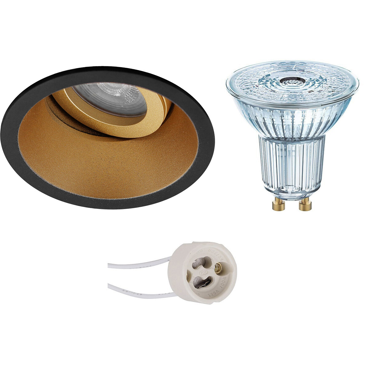 Set de spots LED - LEDVANCE Parathom PAR16 927 36D - Pragmi Zano Pro - Douille GU10 - Dimmable - Rond Encastré - Mat Noir/Or - 3.4W - Blanc Chaud 2700K - Inclinable - Ø93mm