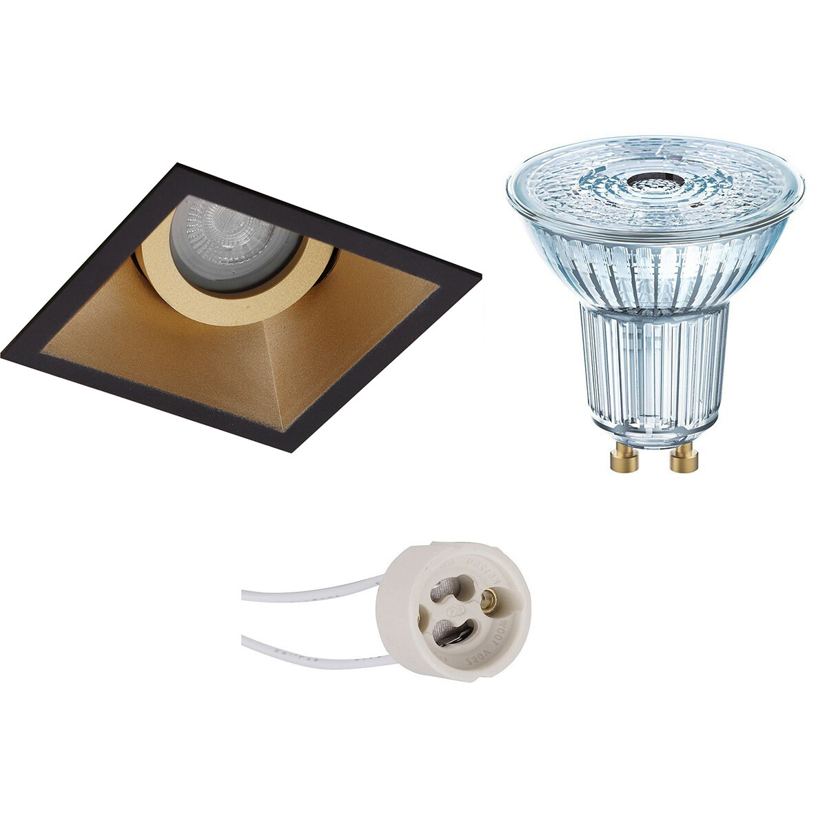 Set de spots LED - LEDVANCE Parathom PAR16 940 36D - Pragmi Zano Pro - Douille GU10 - Dimmable - Carré Encastré - Mat Noir/Or - 4.5W - Blanc Neutre 4000K - Inclinable - 93mm