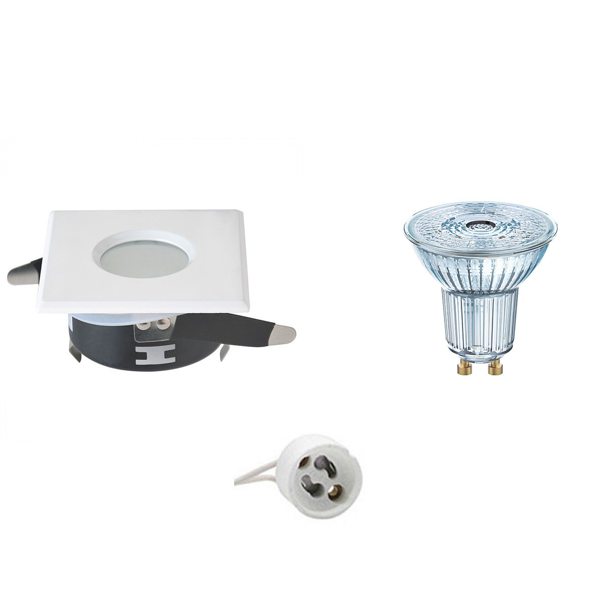 Set de spots LED - LEDVANCE Parathom PAR16 930 36D - Aigi - Douille GU10 - Étanche IP65 - Dimmable - Carré Encastré - Mat Blanc - 3.4W - Blanc Chaud 3000K - 82mm