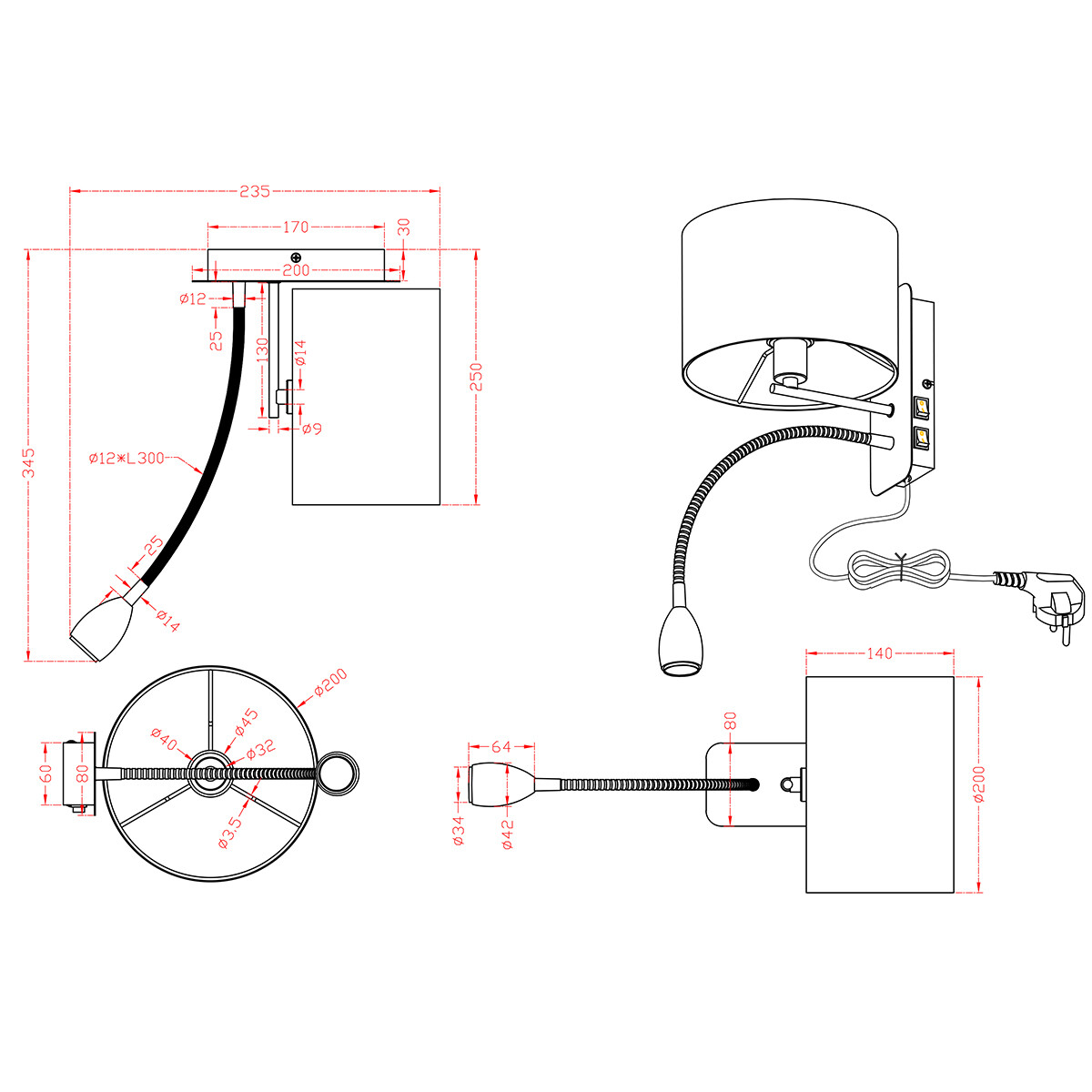 Applique Murale LED - Trion Hotia - Douille E14 - 3W - Blanc Chaud 3000K - Rond - Mat Noir - Aluminium - LEDs OSRAM