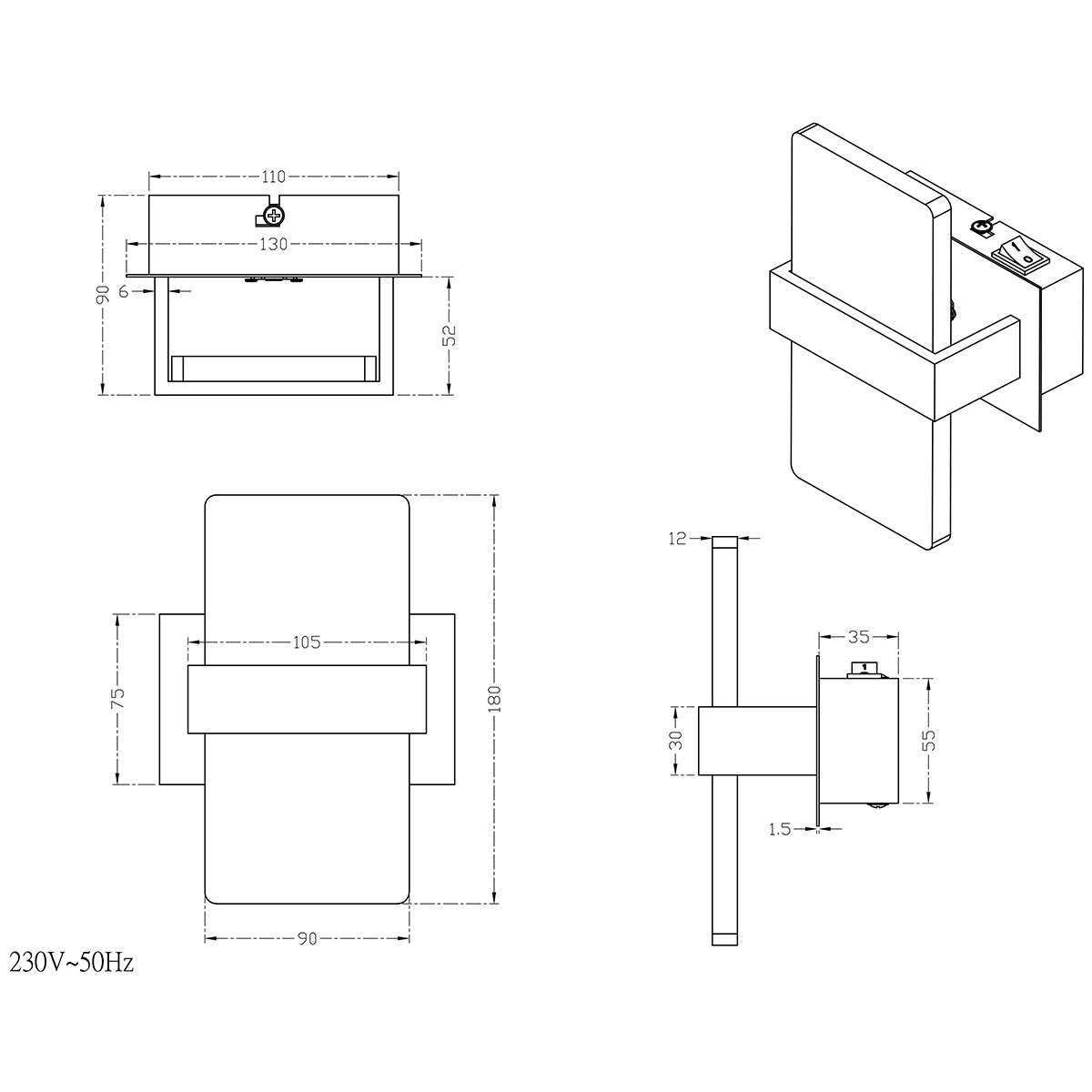 Spot Applique LED - Trion Plankton - 4W - Blanc Chaud 3000K - 1-lumière - Rectangle - Mat Gris - Aluminium - LEDs OSRAM