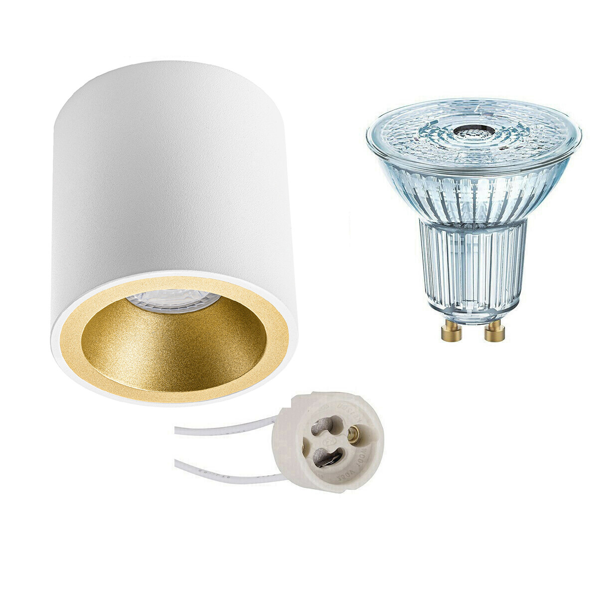 Ensemble de Spot de Plafond - LEDVANCE Parathom PAR16 927 36D - Pragmi Cliron Pro - Douille GU10 - Dimmable - En Saillie Rond - Mat Blanc/Or - 3.4W - Blanc Chaud 2700K - Encastré - Ø90mm