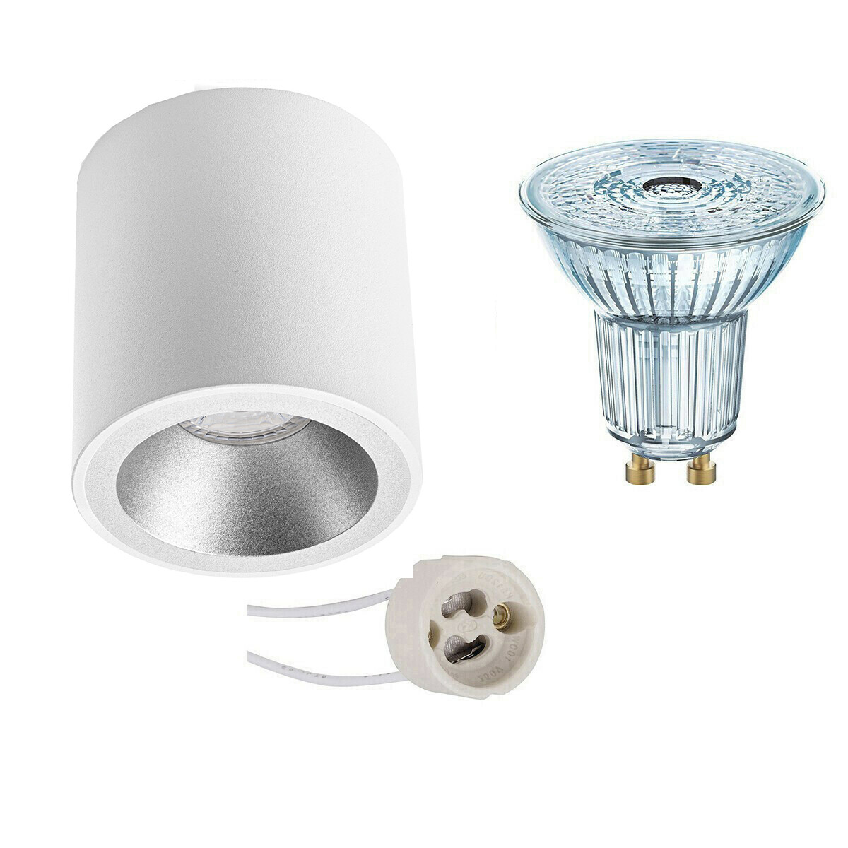 Ensemble de Spot de Plafond - LEDVANCE Parathom PAR16 940 36D - Pragmi Cliron Pro - Douille GU10 - Dimmable - En Saillie Rond - Mat Blanc/Argent - 3.4W - Blanc Neutre 4000K - Encastré - Ø90mm