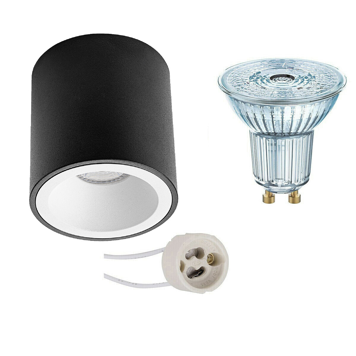 Ensemble de Spot de Plafond - LEDVANCE Parathom PAR16 927 36D - Pragmi Cliron Pro - Douille GU10 - Dimmable - En Saillie Rond - Mat Noir/Blanc - 3.4W - Blanc Chaud 2700K - Encastré - Ø90mm