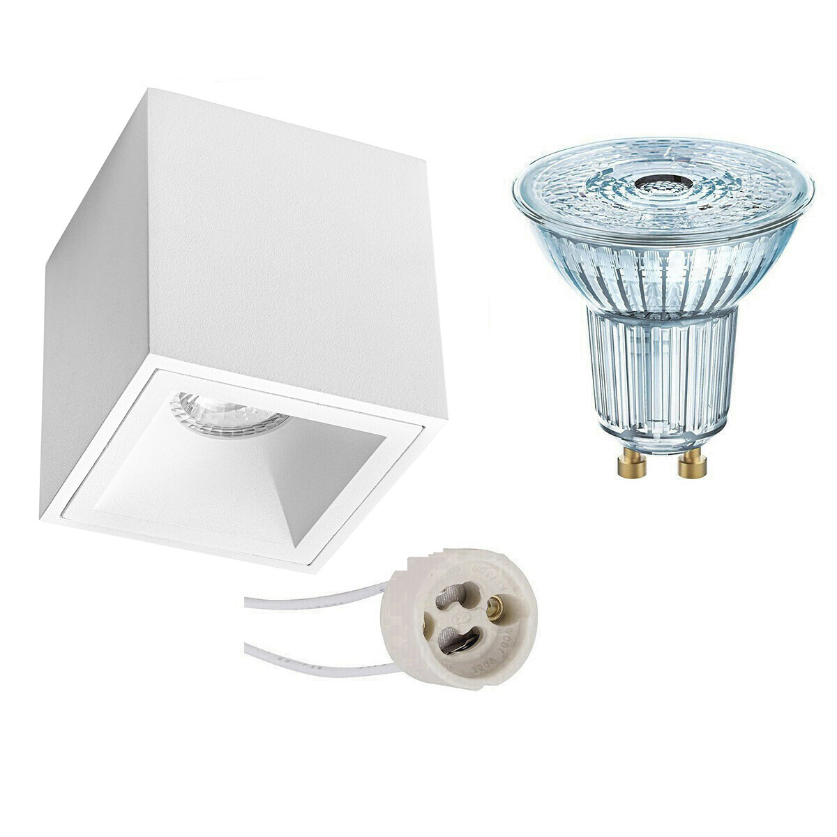 Ensemble de Spot de Plafond - LEDVANCE Parathom PAR16 927 36D - Pragmi Cliron Pro - Douille GU10 - Dimmable - En Saillie Carré - Mat Blanc - 3.4W - Blanc Chaud 2700K - Encastré - 90mm