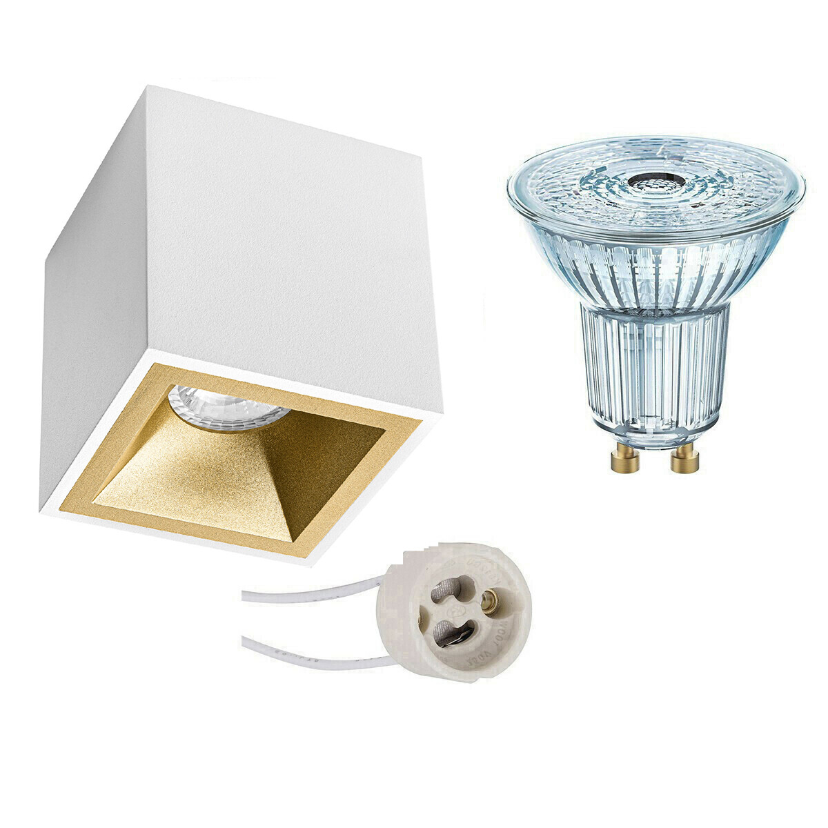 Ensemble de Spot de Plafond - LEDVANCE Parathom PAR16 930 36D - Pragmi Cliron Pro - Douille GU10 - Dimmable - En Saillie Carré - Mat Blanc/Or - 3.4W - Blanc Chaud 3000K - Encastré - 90mm