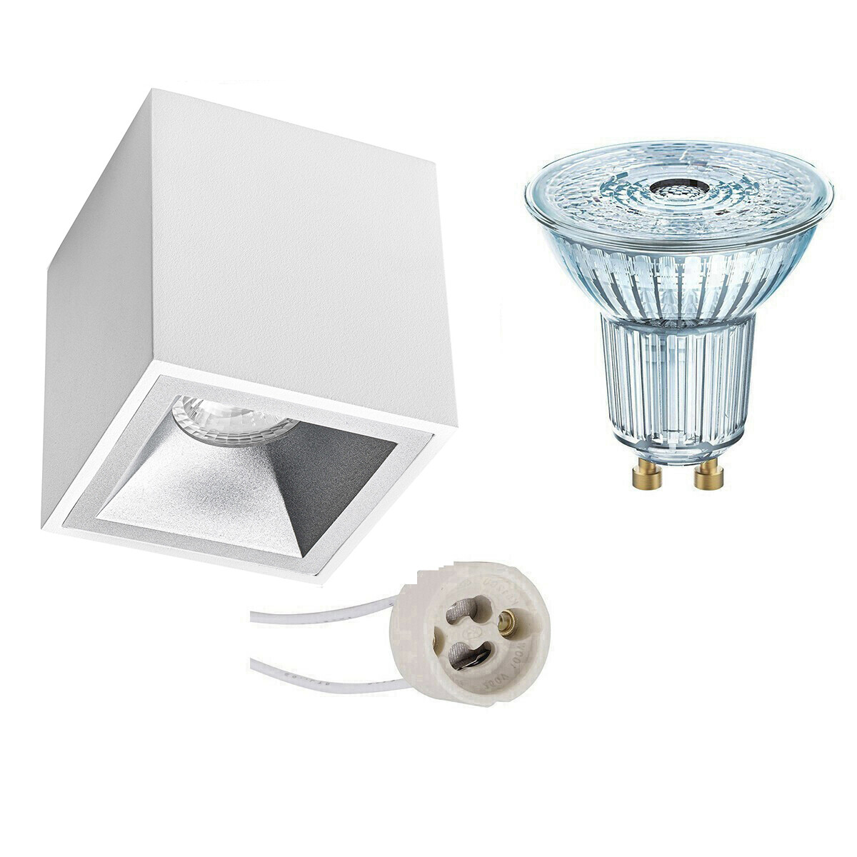 Ensemble de Spot de Plafond - LEDVANCE Parathom PAR16 927 36D - Pragmi Cliron Pro - Douille GU10 - Dimmable - En Saillie Carré - Mat Blanc/Argent - 3.4W - Blanc Chaud 2700K - Encastré - 90mm