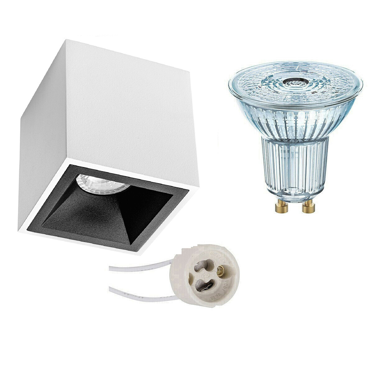 Ensemble de Spot de Plafond - LEDVANCE Parathom PAR16 940 36D - Pragmi Cliron Pro - Douille GU10 - Dimmable - En Saillie Carré - Mat Blanc/Noir - 4.5W - Blanc Neutre 4000K - Encastré - 90mm