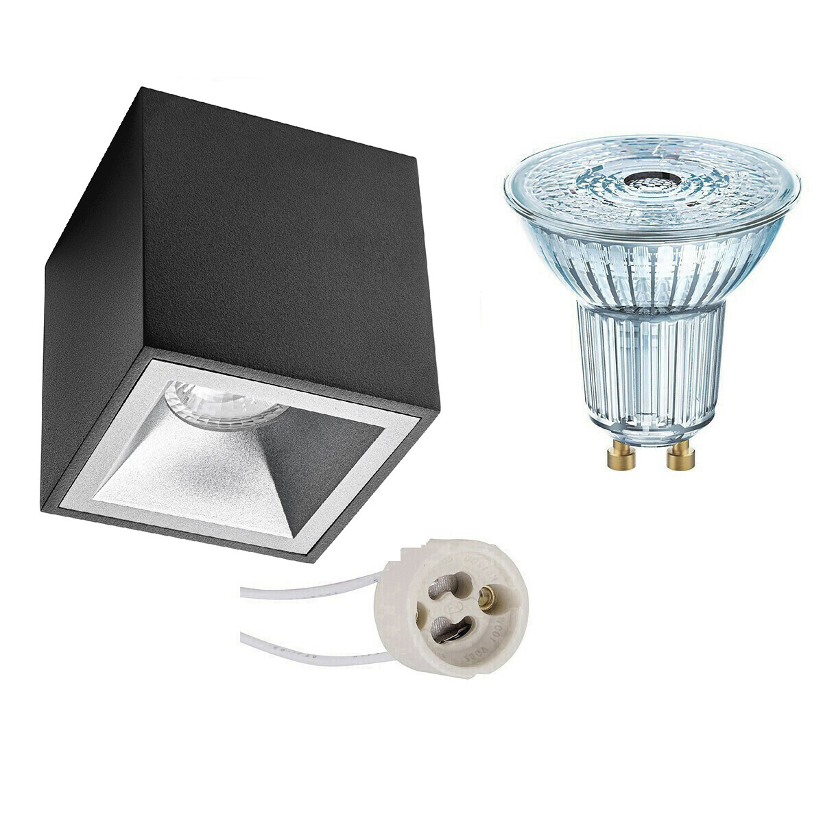 Ensemble de Spot de Plafond - LEDVANCE Parathom PAR16 930 36D - Pragmi Cliron Pro - Douille GU10 - Dimmable - En Saillie Carré - Mat Noir/Argent - 4.5W - Blanc Chaud 3000K - Encastré - 90mm