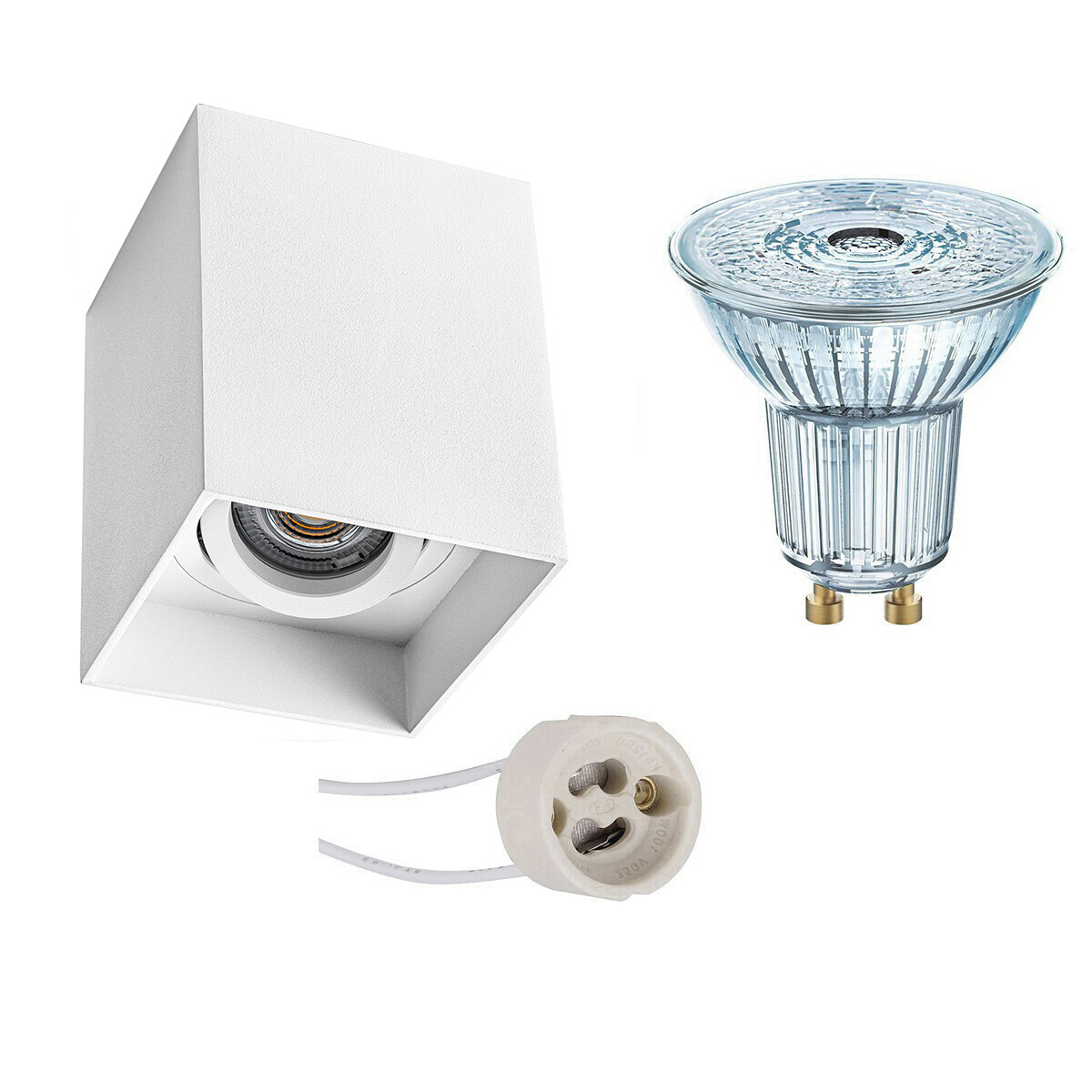 Ensemble de Spot de Plafond - LEDVANCE Parathom PAR16 927 36D - Pragmi Luxina Pro - Douille GU10 - Dimmable - En Saillie Carré - Mat Blanc - 3.4W - Blanc Chaud 2700K - Encastré - Inclinable - 90mm