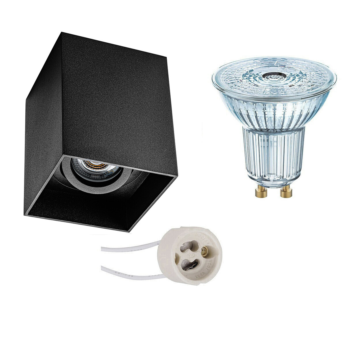 Ensemble de Spot de Plafond - LEDVANCE Parathom PAR16 927 36D - Pragmi Luxina Pro - Douille GU10 - Dimmable - En Saillie Carré - Mat Noir - 3.4W - Blanc Chaud 2700K - Encastré - Inclinable - 90mm