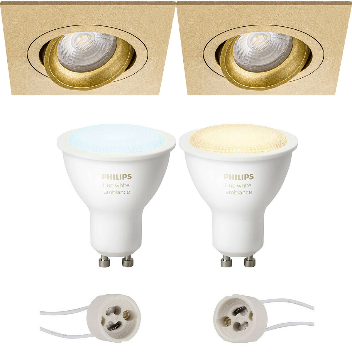 Pragmi Borny Pro - Carré Encastré - Mat Or - Inclinable - 92mm - Philips Hue - Set de Spots LED GU10 - White Ambiance - Bluetooth