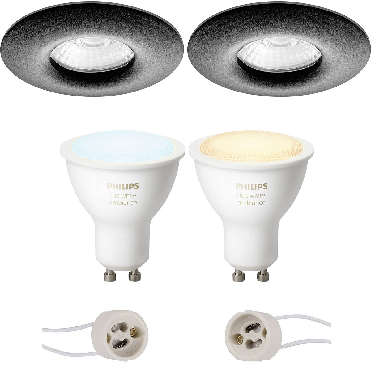 Pragmi Luno Pro - Étanche IP65 - Rond Encastré - Mat Noir - Ø82mm - Philips Hue - Set de Spots LED GU10 - White Ambiance - Bluetooth