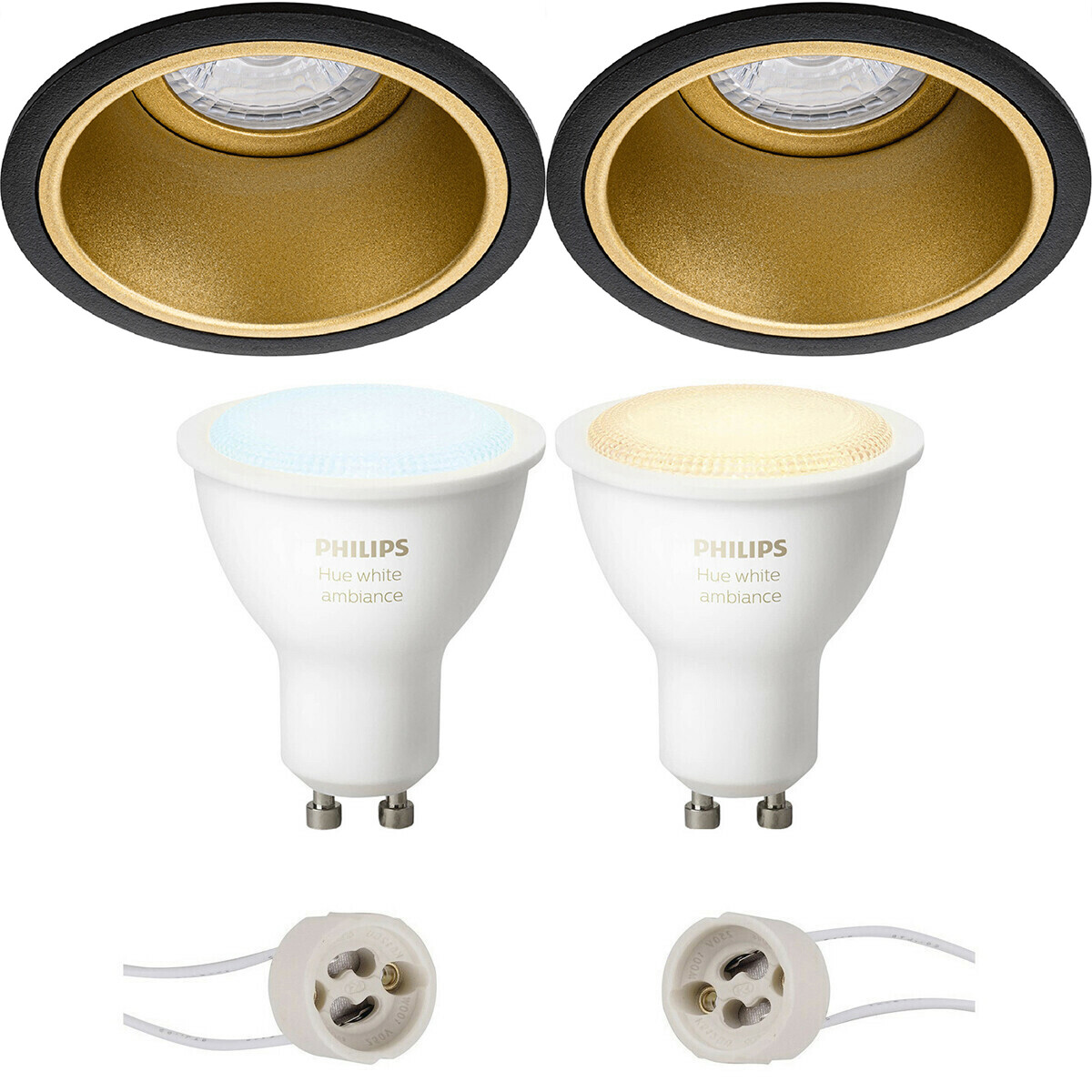 Pragmi Minko Pro - Rond Encastré - Mat Noir/Or - Encastré - Ø90mm - Philips Hue - Set de Spots LED GU10 - White Ambiance - Bluetooth