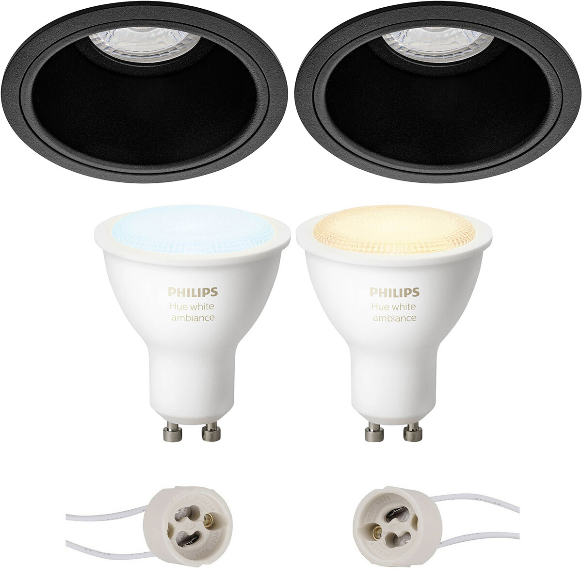 Pragmi Minko Pro - Rond Encastré - Mat Noir - Encastré - Ø90mm - Philips Hue - Set de Spots LED GU10 - White Ambiance - Bluetooth