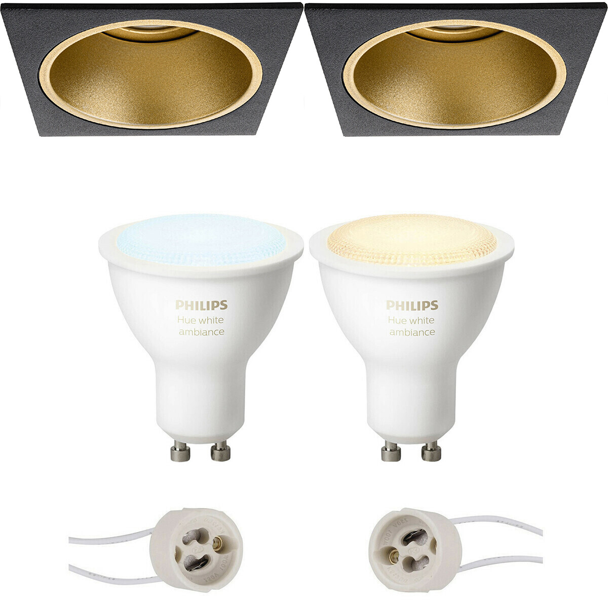 Pragmi Minko Pro - Carré Encastré - Mat Noir/Or - Encastré - 90mm - Philips Hue - Set de Spots LED GU10 - White Ambiance - Bluetooth