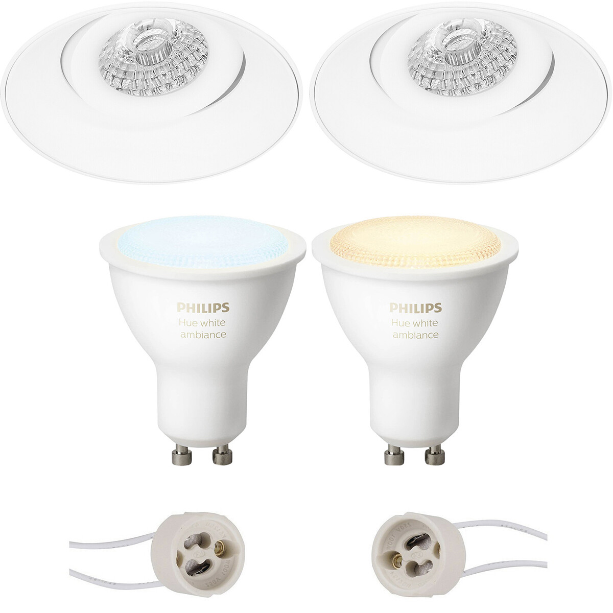 Pragmi Nivas Pro - Rond Encastré - Mat Blanc - Sans Cadre - Inclinable - Ø150mm - Philips Hue - Set de Spots LED GU10 - White Ambiance - Bluetooth