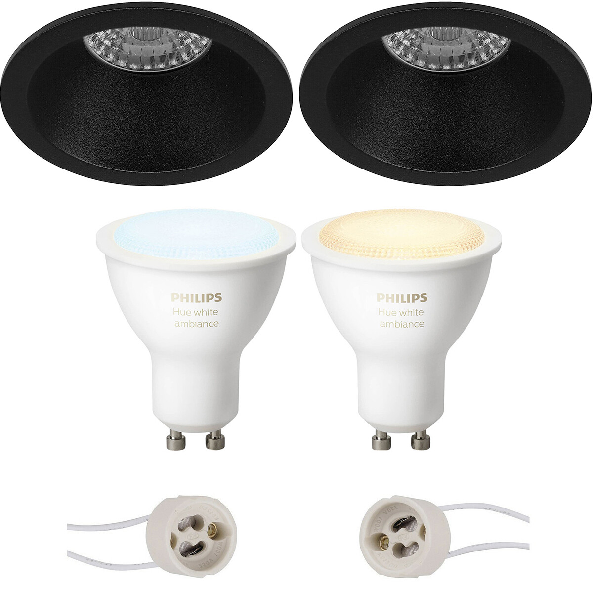 Pragmi Pollon Pro - Rond Encastré - Mat Noir - Encastré - Ø82mm - Philips Hue - Set de Spots LED GU10 - White Ambiance - Bluetooth