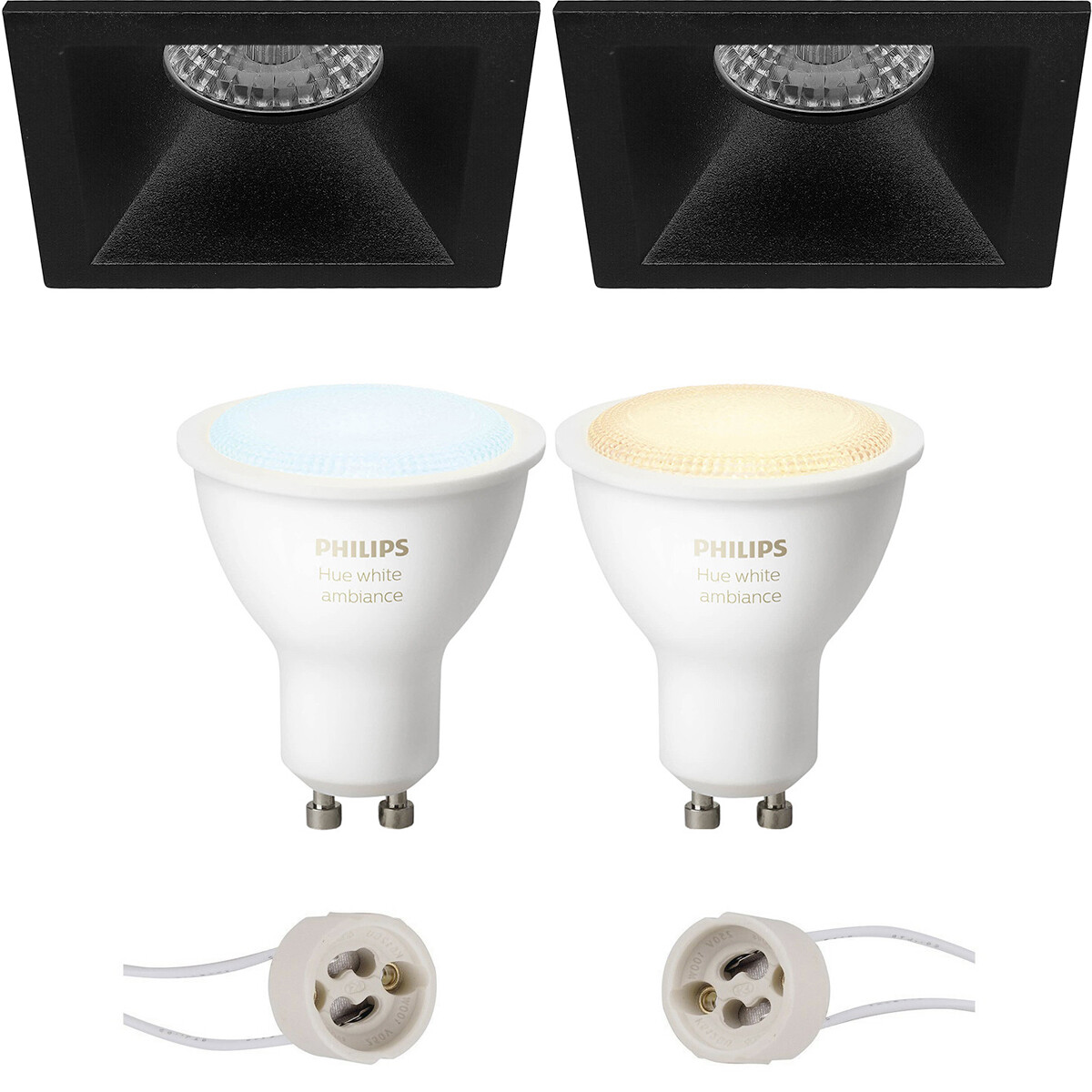 Pragmi Pollon Pro - Carré Encastré - Mat Noir - Encastré - 82mm - Philips Hue - Set de Spots LED GU10 - White Ambiance - Bluetooth