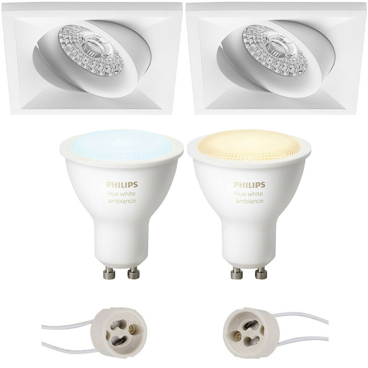 Pragmi Qiundo Pro - Carré Encastré - Mat Blanc - Inclinable - 80mm - Philips Hue - Set de Spots LED GU10 - White Ambiance - Bluetooth