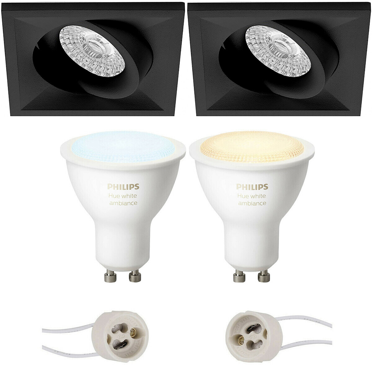 Pragmi Qiundo Pro - Carré Encastré - Mat Noir - Inclinable - 80mm - Philips Hue - Set de Spots LED GU10 - White Ambiance - Bluetooth