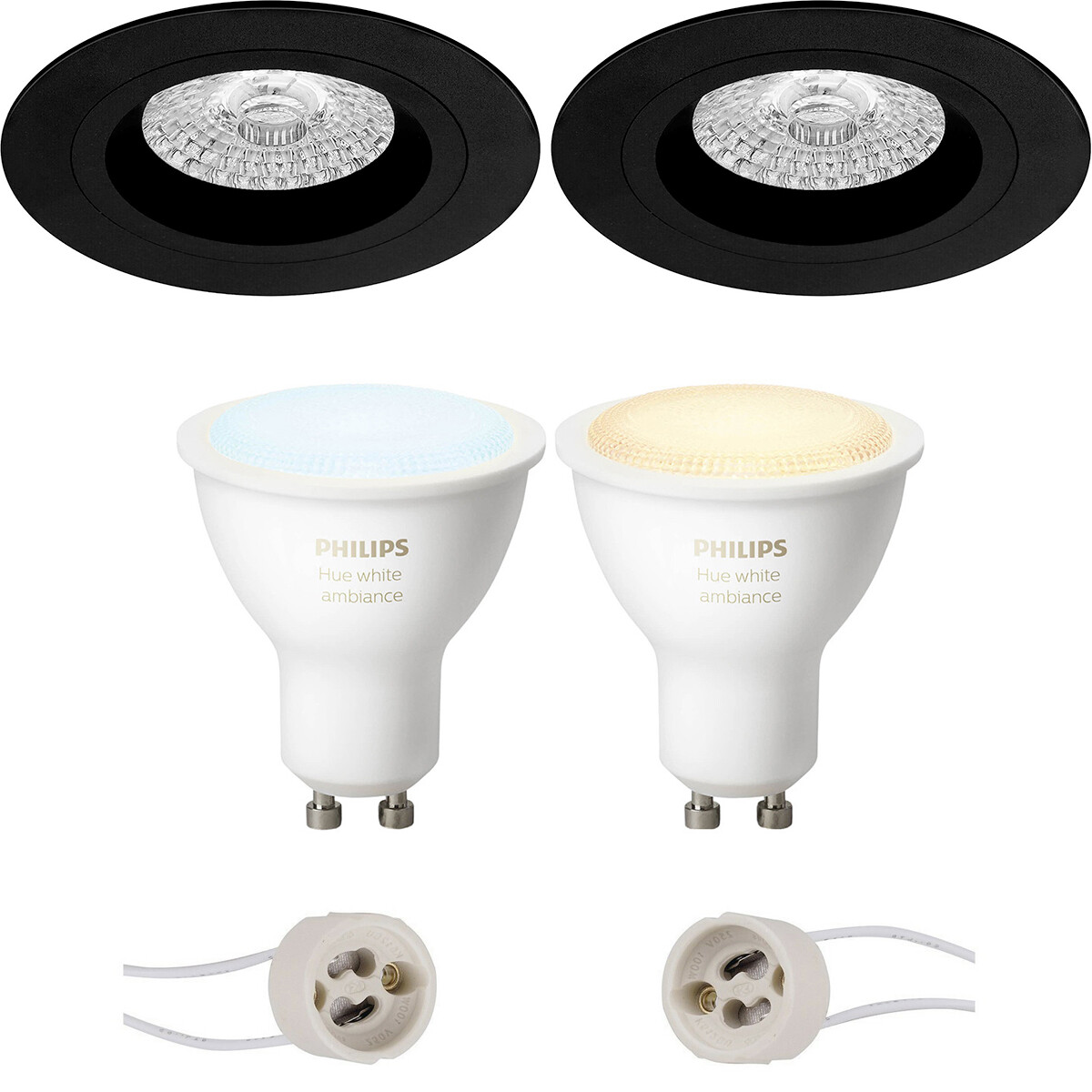 Pragmi Rodos Pro - Rond Encastré - Mat Noir - Ø93mm - Philips Hue - Set de Spots LED GU10 - White Ambiance - Bluetooth