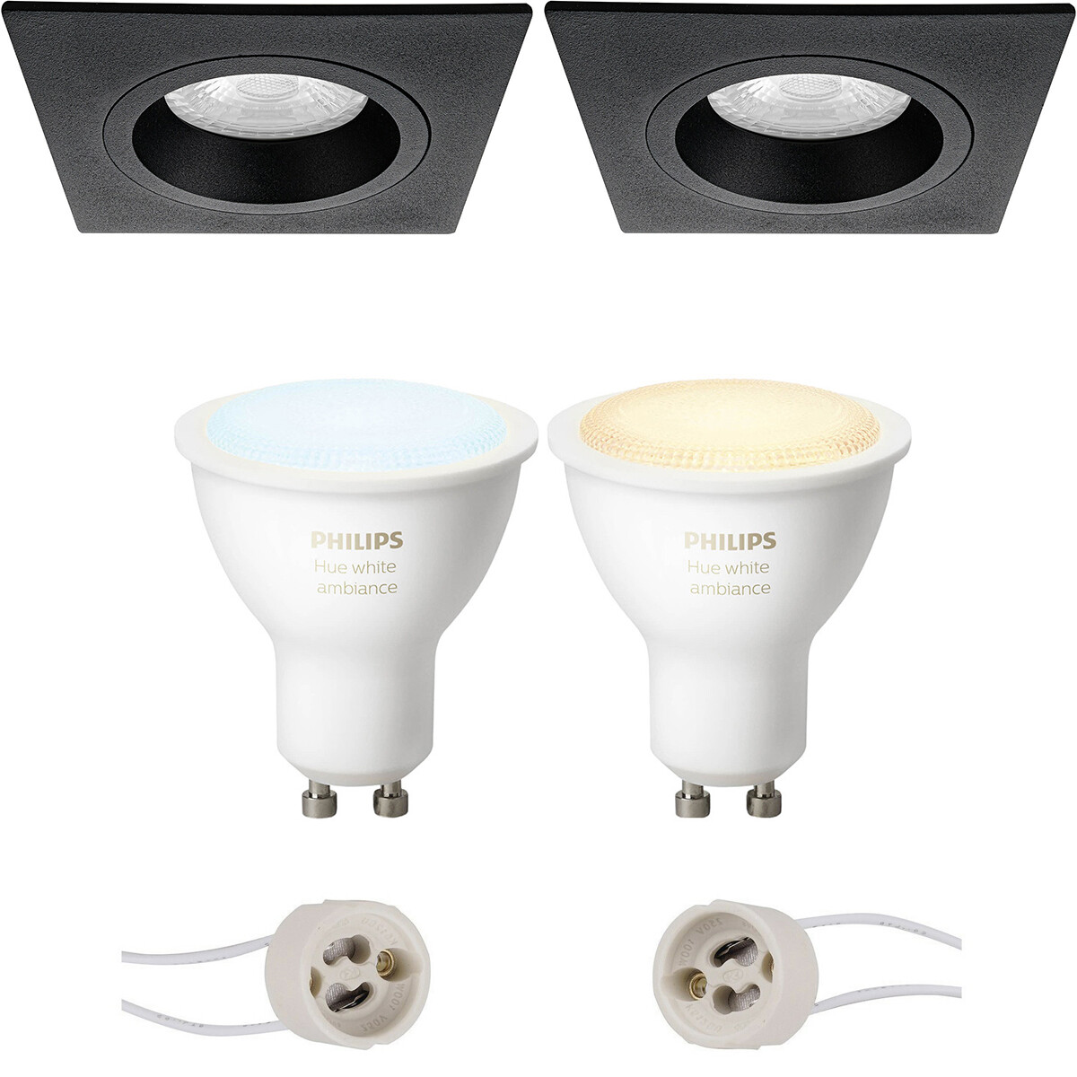 Pragmi Rodos Pro - Carré Encastré - Mat Noir - 93mm - Philips Hue - Set de Spots LED GU10 - White Ambiance - Bluetooth