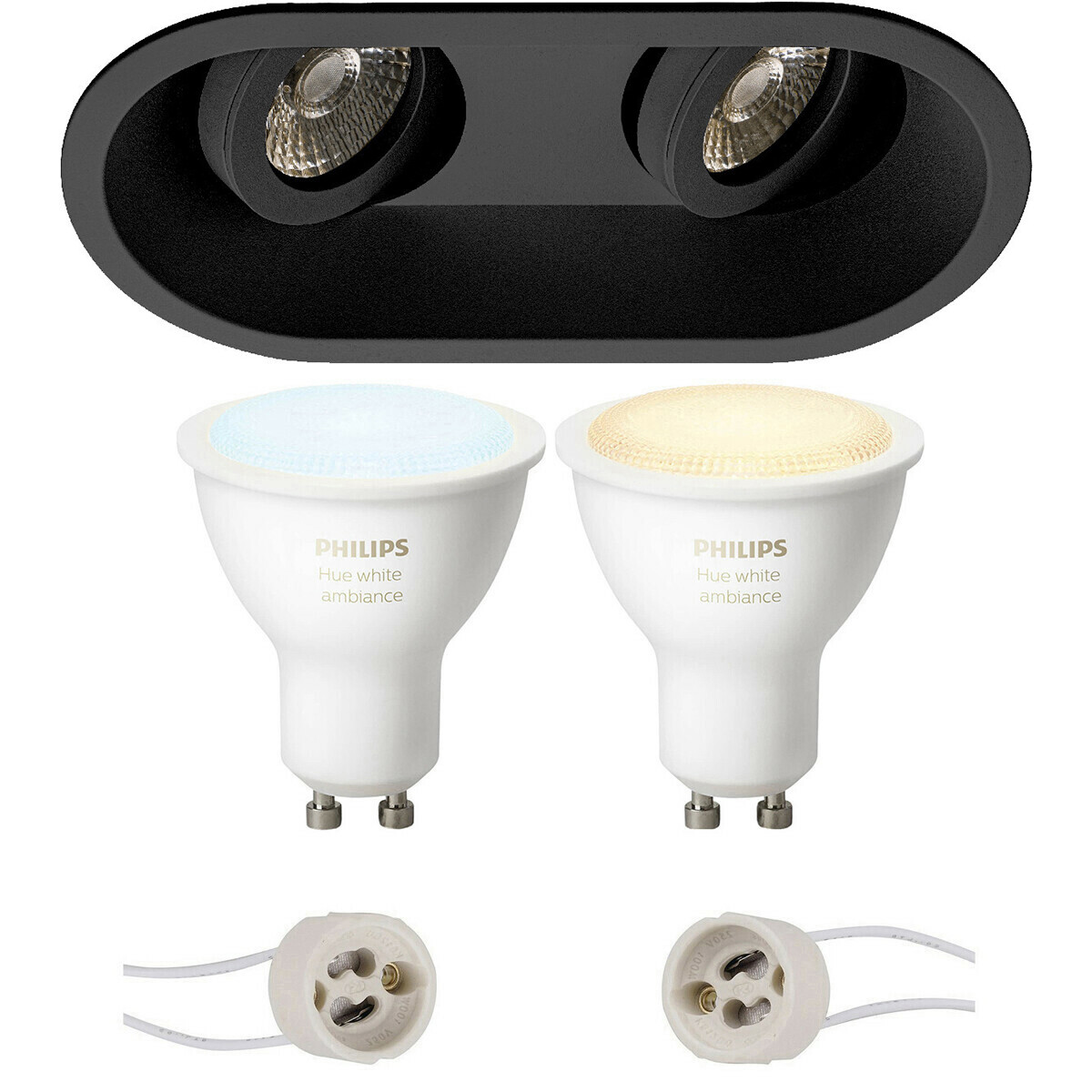 Pragmi Zano Pro - Double Ovale Encastré - Mat Noir - Inclinable - 185x93mm - Philips Hue - Set de Spots LED GU10 - White Ambiance - Bluetooth