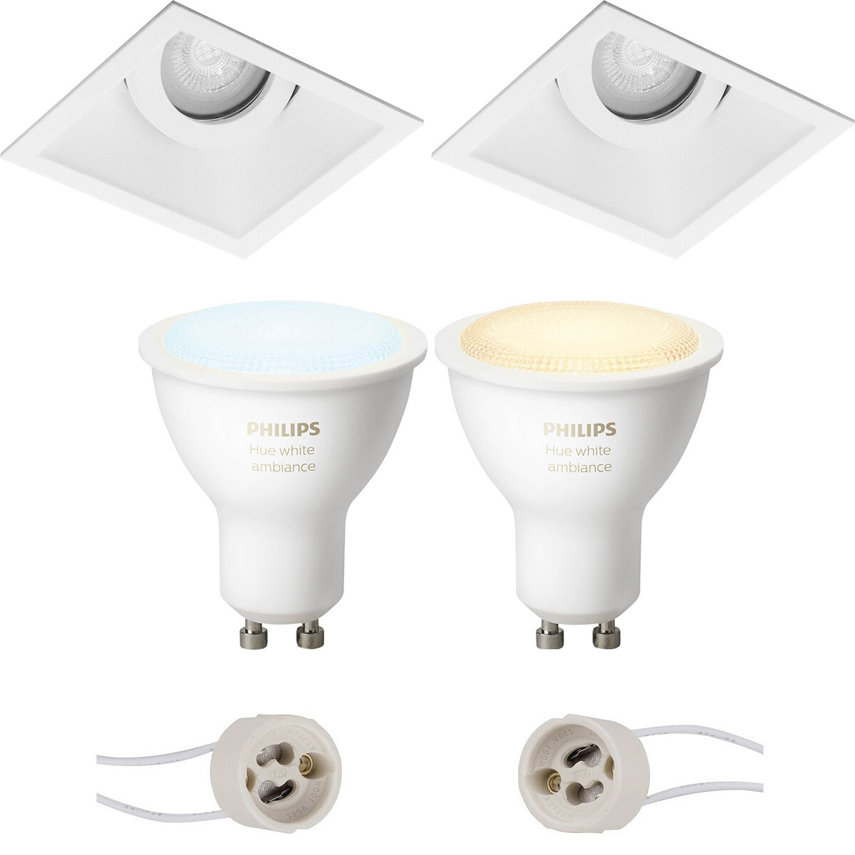 Pragmi Zano Pro - Carré Encastré - Mat Blanc - Inclinable - 93mm - Philips Hue - Set de Spots LED GU10 - White Ambiance - Bluetooth