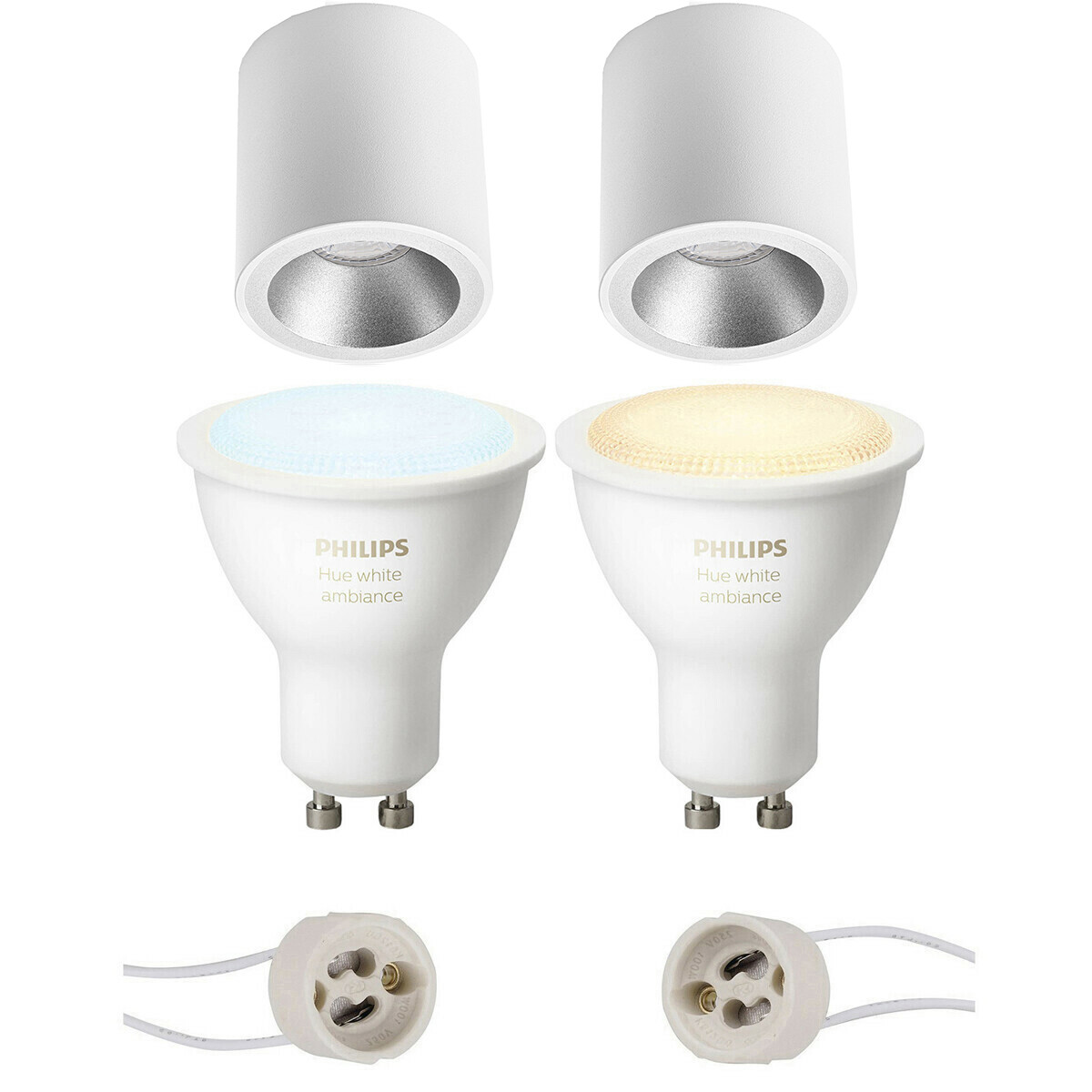 Pragmi Cliron Pro - En Saillie Rond - Mat Blanc/Argent - Encastré - Ø90mm - Philips Hue - Ensemble de Spots en Saillie GU10 - White Ambiance - Bluetooth