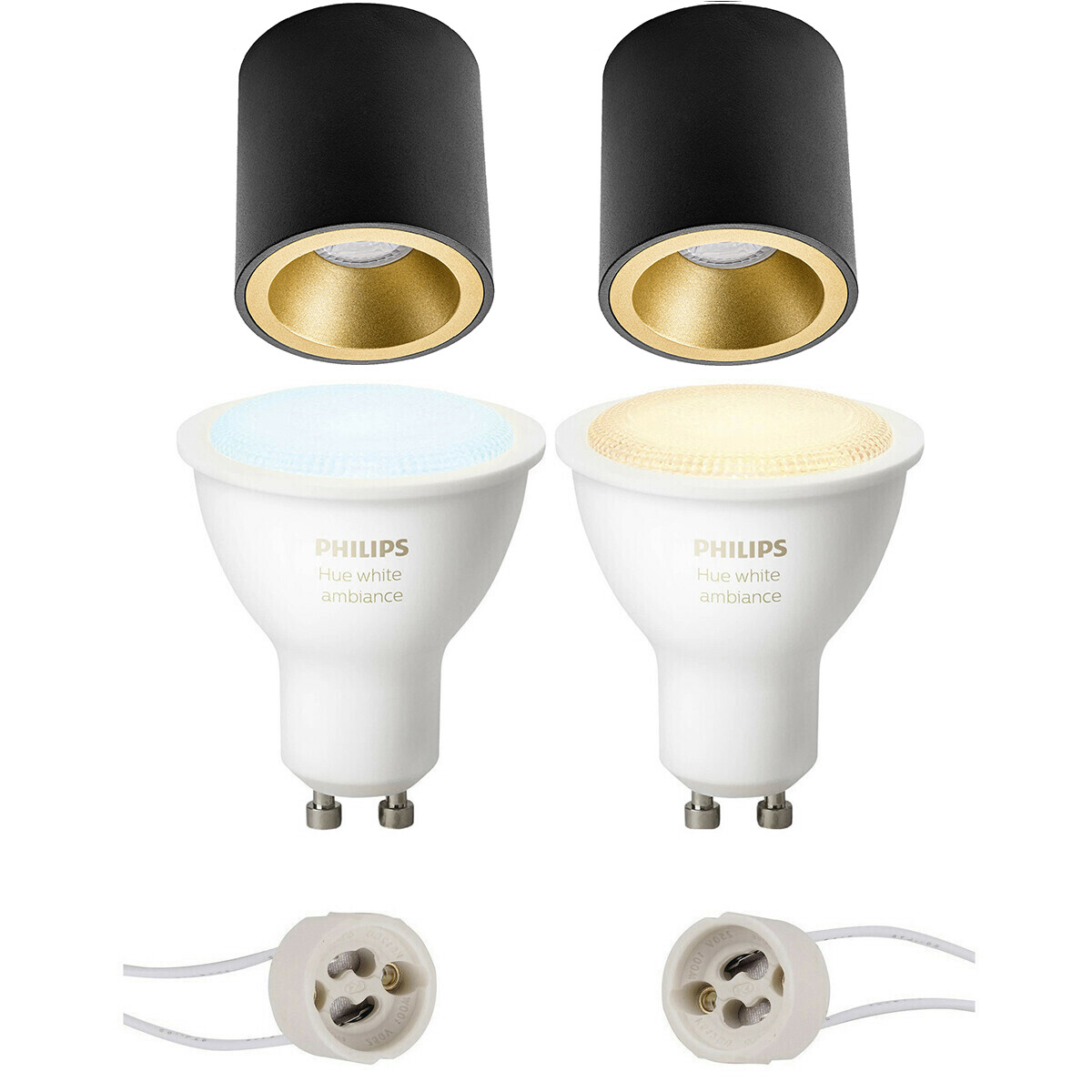 Pragmi Cliron Pro - En Saillie Rond - Mat Noir/Or - Encastré - Ø90mm - Philips Hue - Ensemble de Spots en Saillie GU10 - White Ambiance - Bluetooth