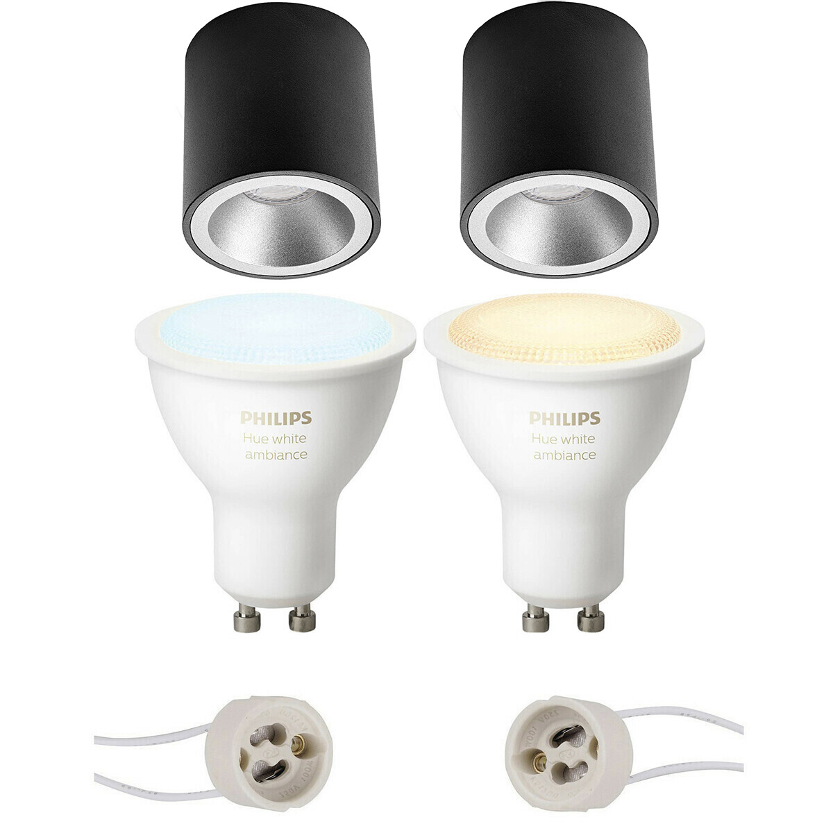 Pragmi Cliron Pro - En Saillie Rond - Mat Noir/Argent - Encastré - Ø90mm - Philips Hue - Ensemble de Spots en Saillie GU10 - White Ambiance - Bluetooth