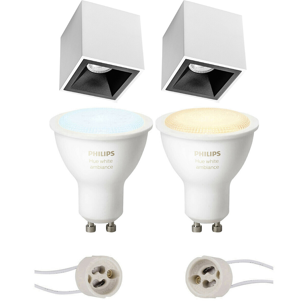 Pragmi Cliron Pro - En Saillie Carré - Mat Blanc/Noir - Encastré - 90mm - Philips Hue - Ensemble de Spots en Saillie GU10 - White Ambiance - Bluetooth