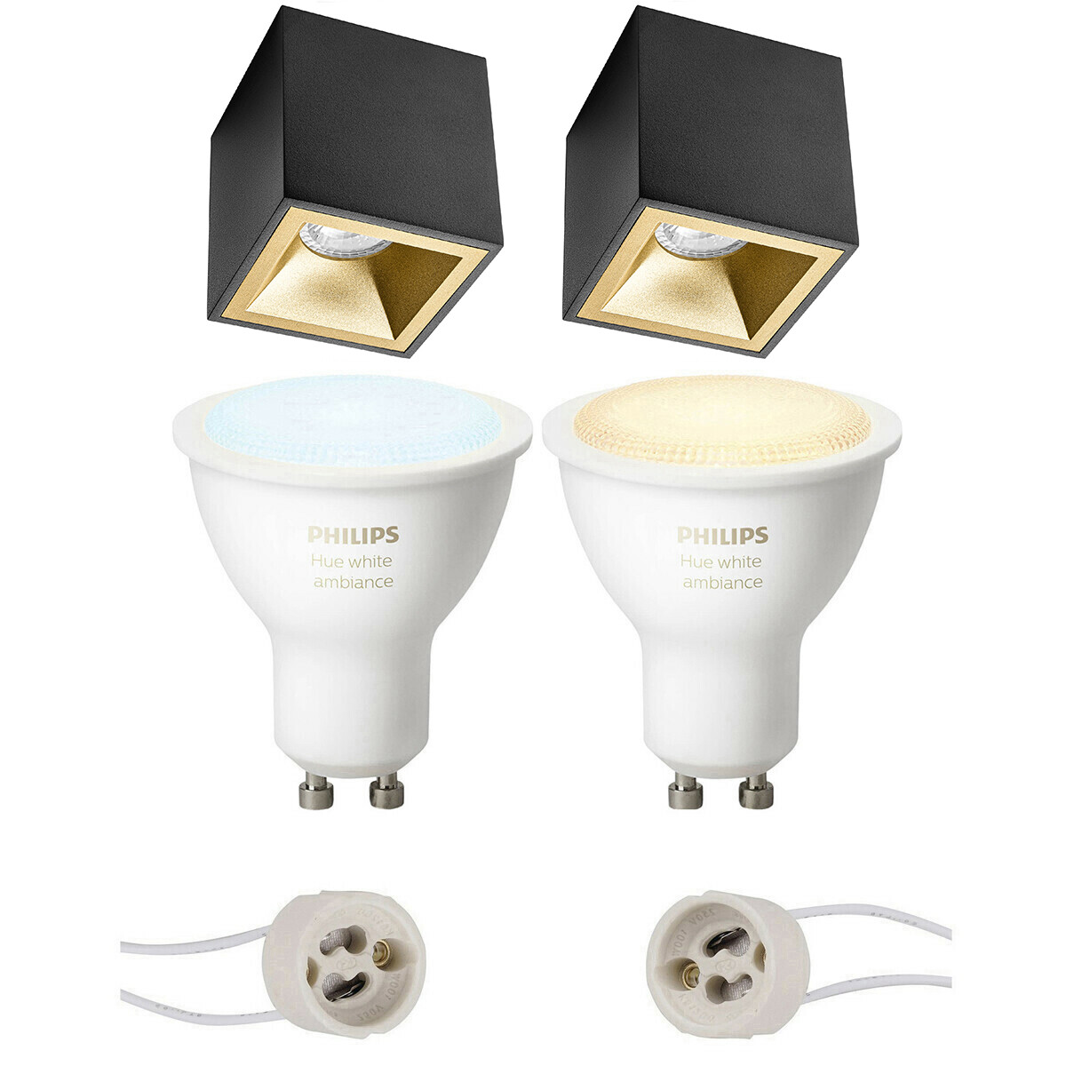 Pragmi Cliron Pro - En Saillie Carré - Mat Noir/Or - Encastré - 90mm - Philips Hue - Ensemble de Spots en Saillie GU10 - White Ambiance - Bluetooth