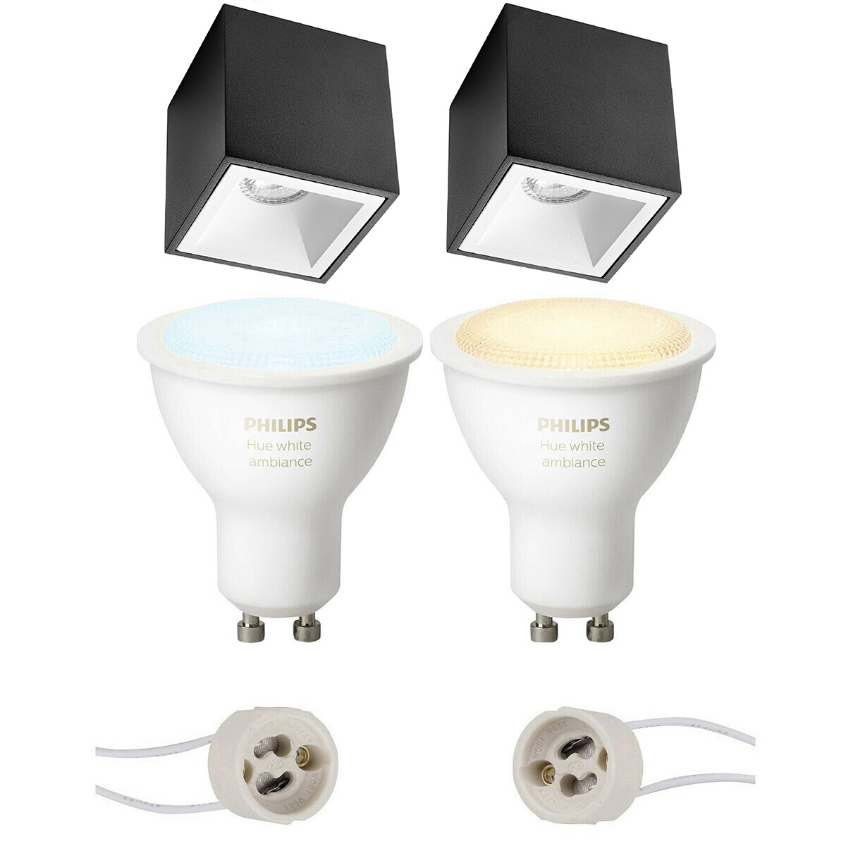 Pragmi Cliron Pro - En Saillie Carré - Mat Noir/Blanc - Encastré - 90mm - Philips Hue - Ensemble de Spots en Saillie GU10 - White Ambiance - Bluetooth