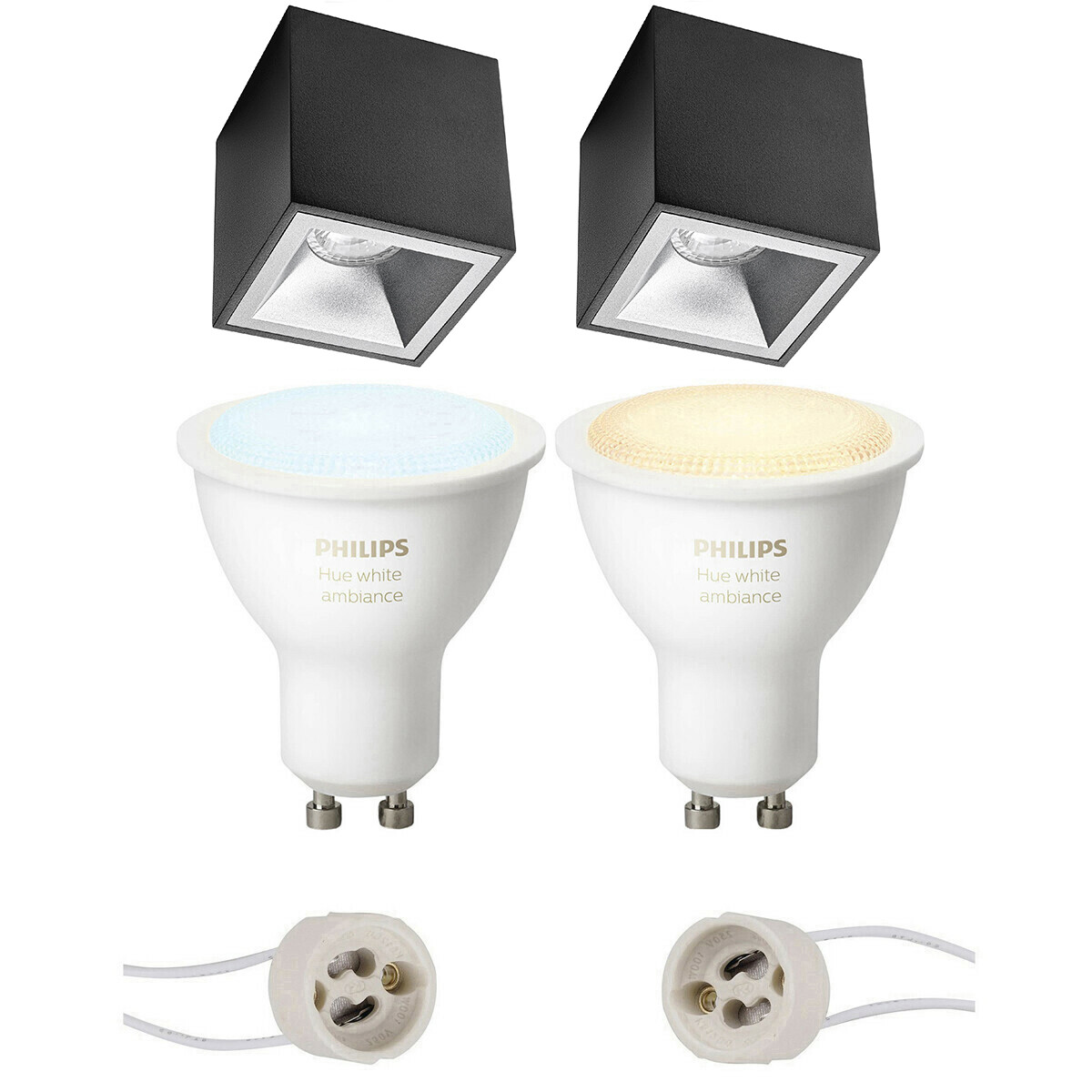 Pragmi Cliron Pro - En Saillie Carré - Mat Noir/Argent - Encastré - 90mm - Philips Hue - Ensemble de Spots en Saillie GU10 - White Ambiance - Bluetooth