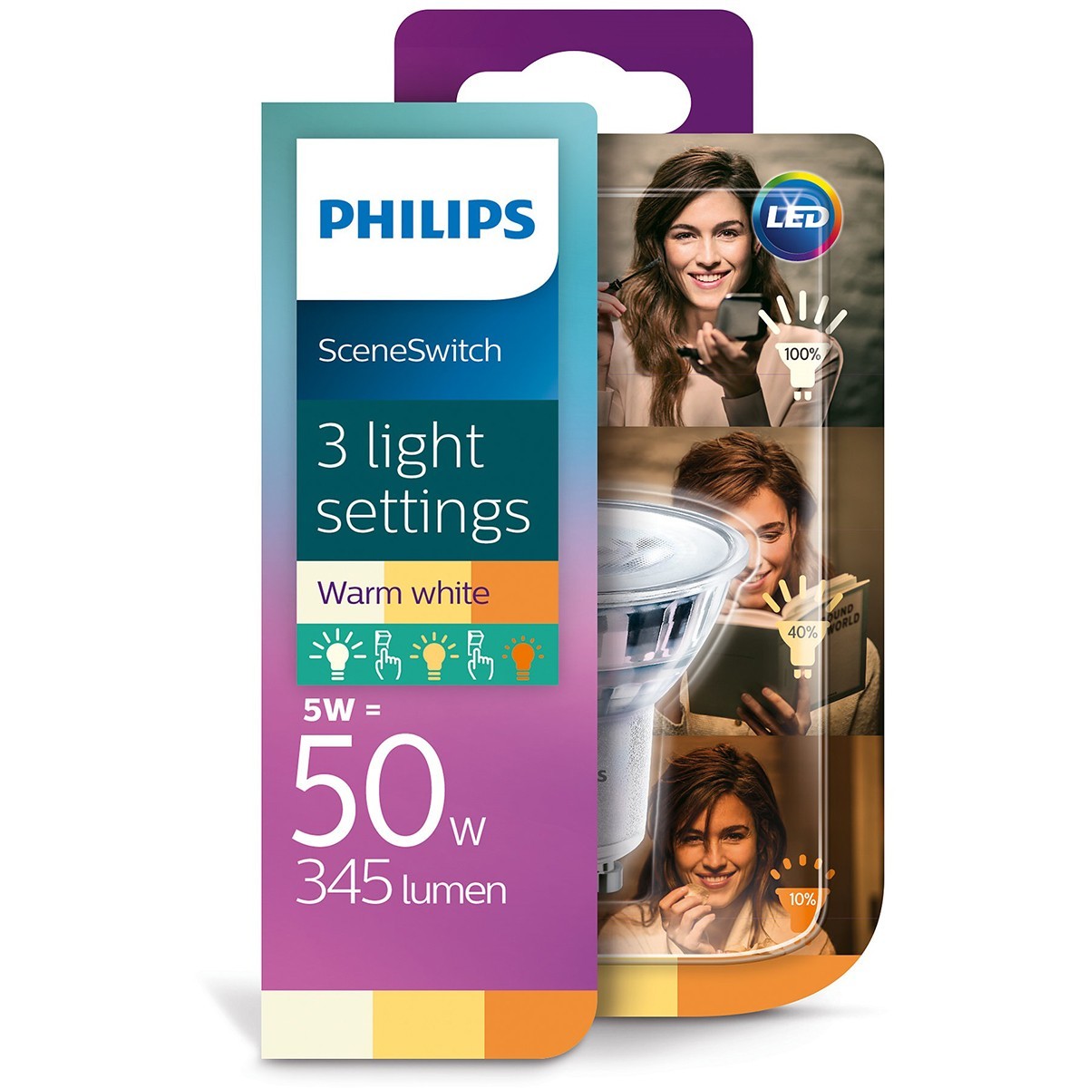 PHILIPS - Pack de 10 Spots LED - SceneSwitch 827 36D - Douille GU10 - Dimmable - 1.5W-5W - Blanc Chaud 2200K-2700K | Remplace 5W-50W